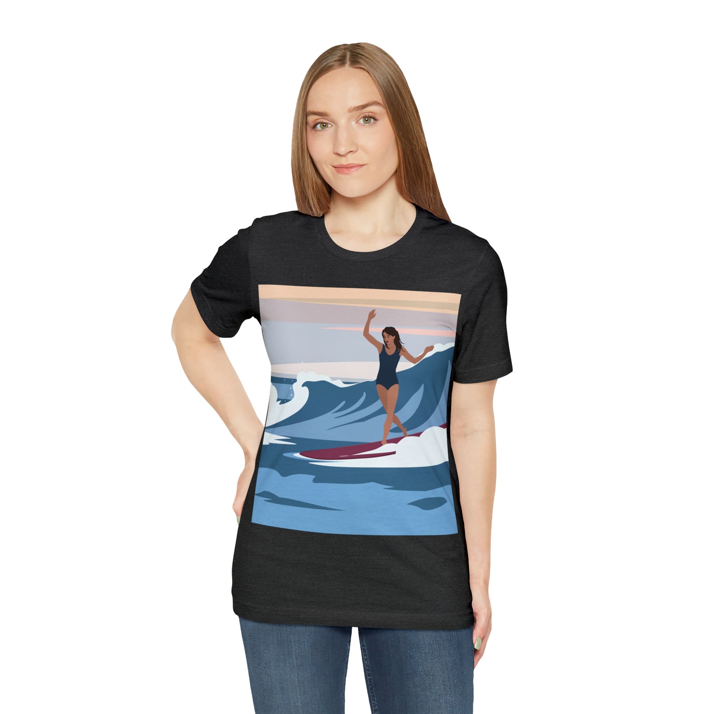 Serenity by the Sea Woman Surfing Art Unisex Jersey Short Sleeve T-Shirt