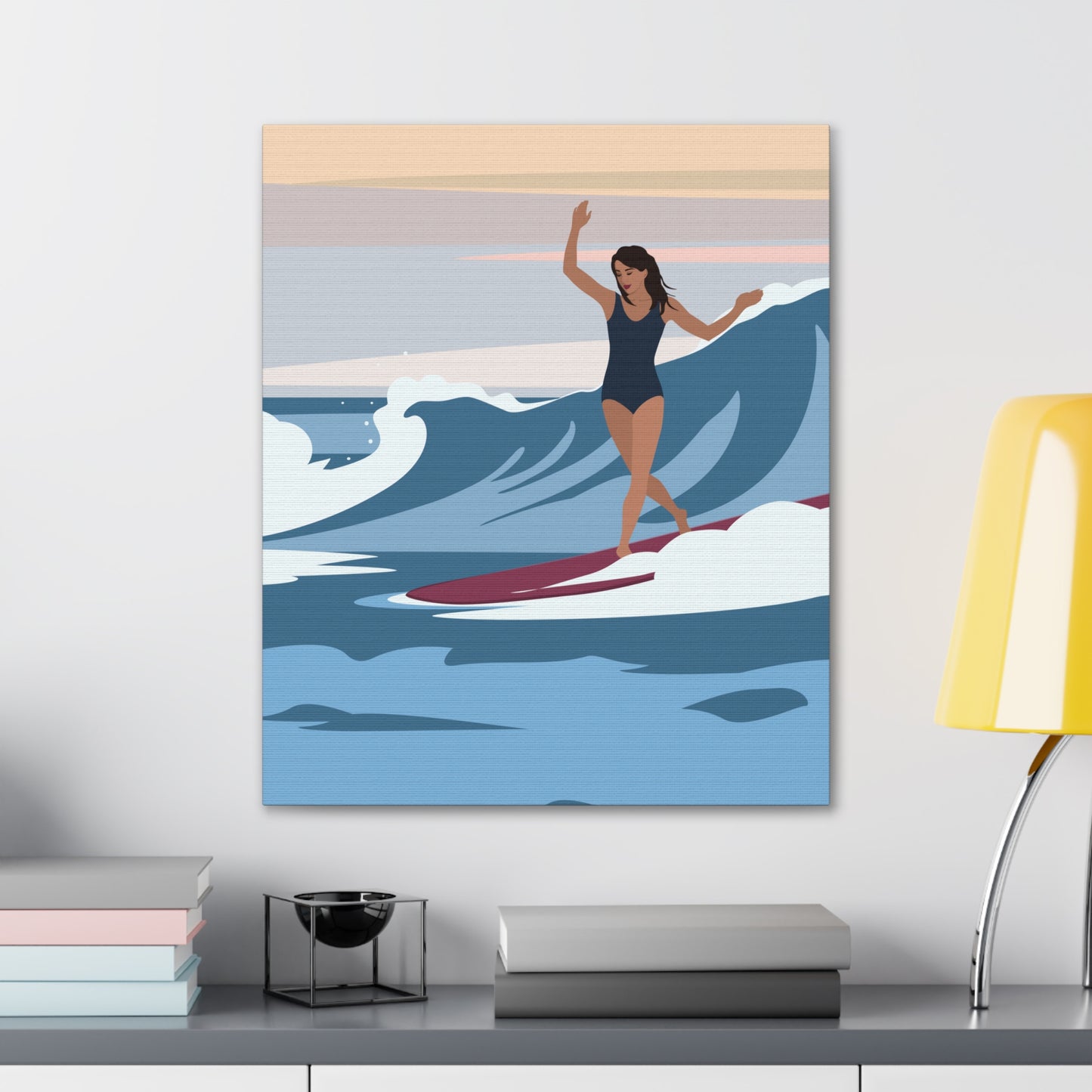 Serenity by the Sea Woman Surfing Art Canvas Aesthetic Canvas Gallery Wraps