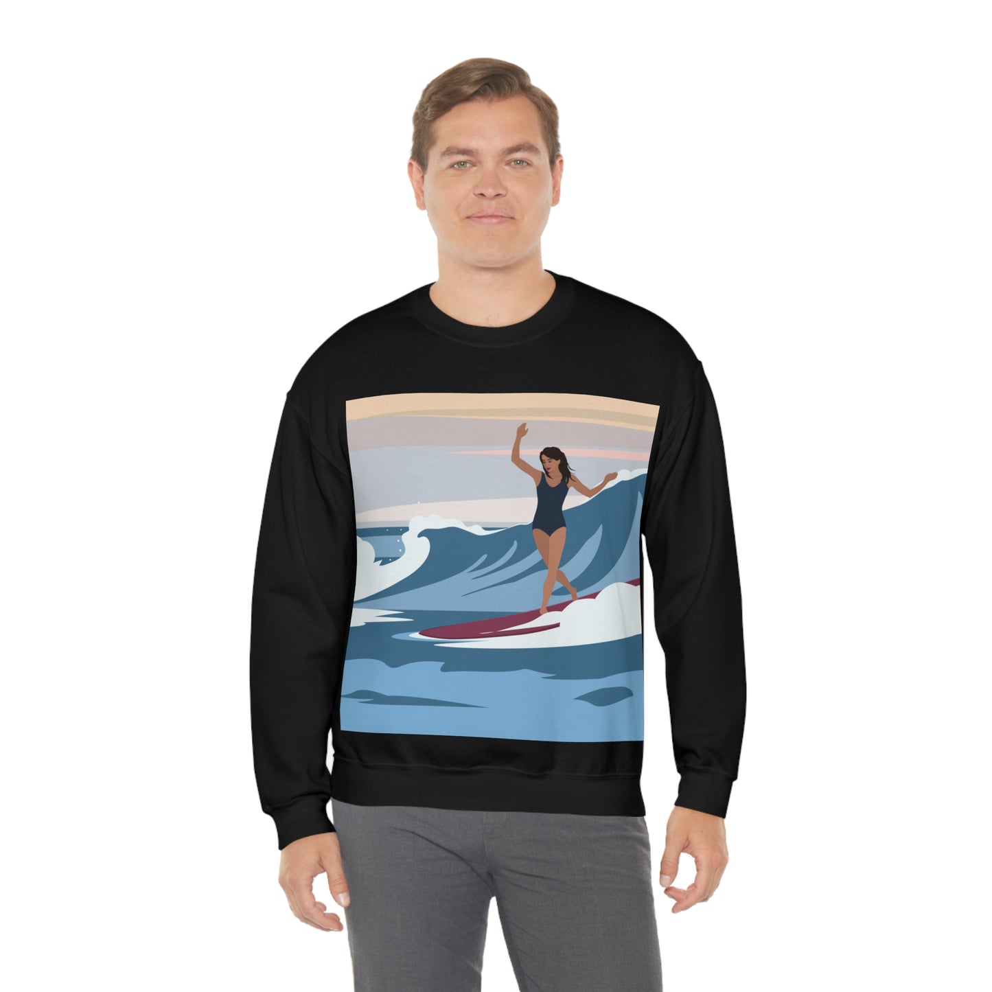 Serenity by the Sea Woman Surfing Art Unisex Heavy Blend™ Crewneck Sweatshirt