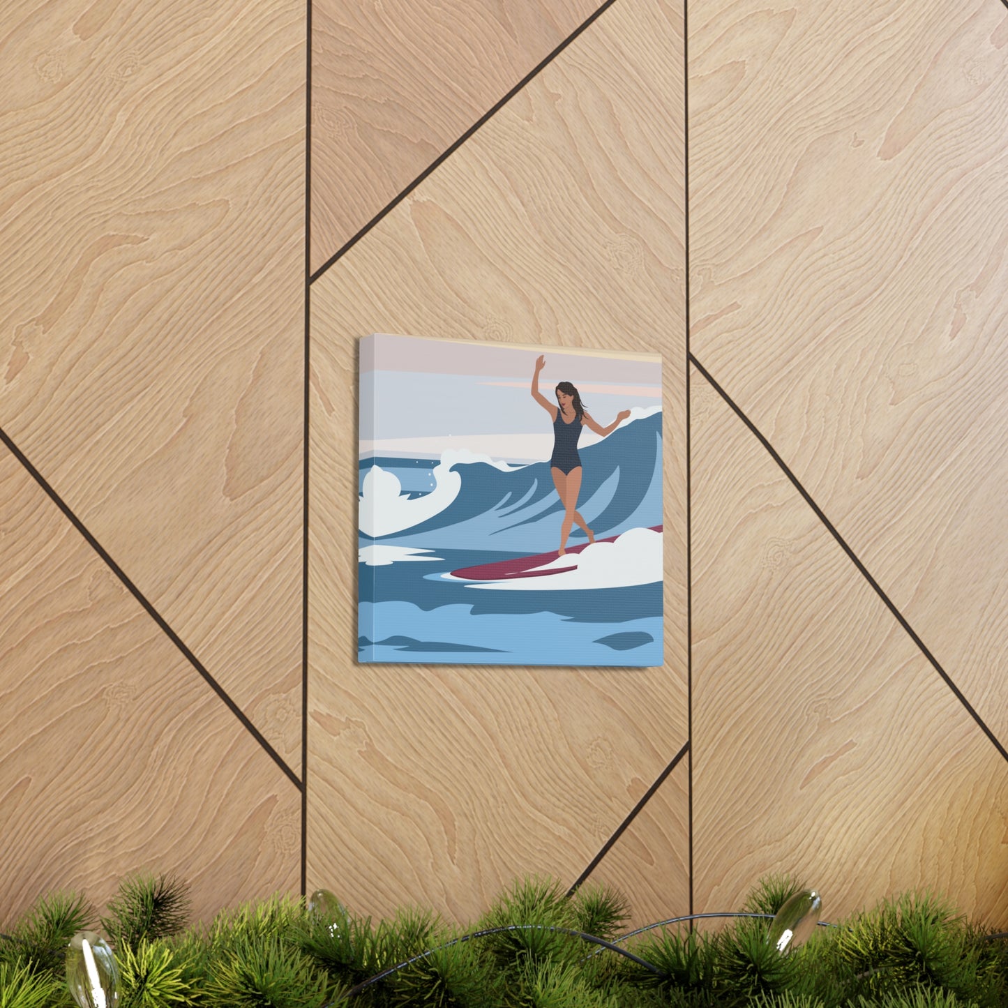 Serenity by the Sea Woman Surfing Art Canvas Aesthetic Canvas Gallery Wraps