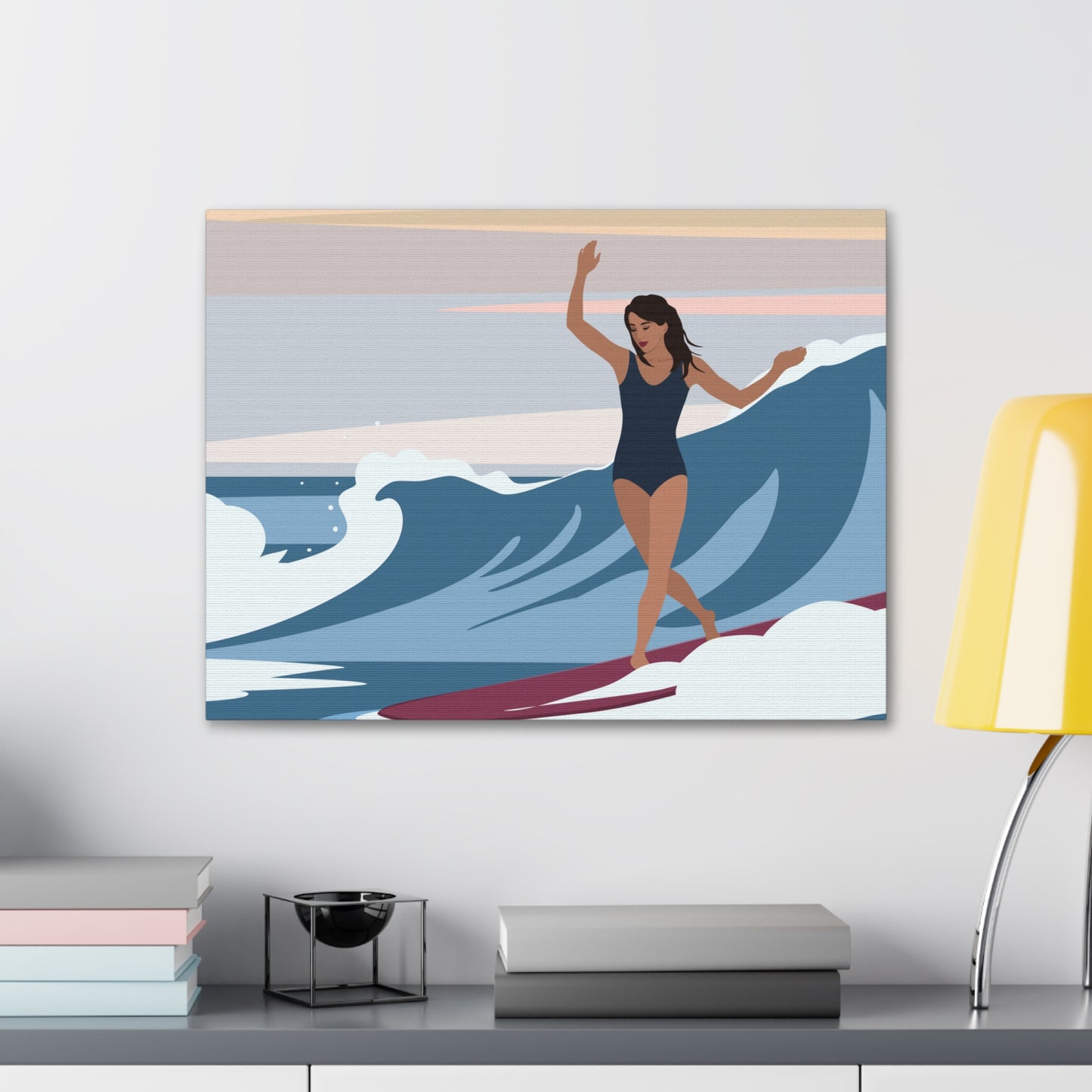 Serenity by the Sea Woman Surfing Art Canvas Aesthetic Canvas Gallery Wraps