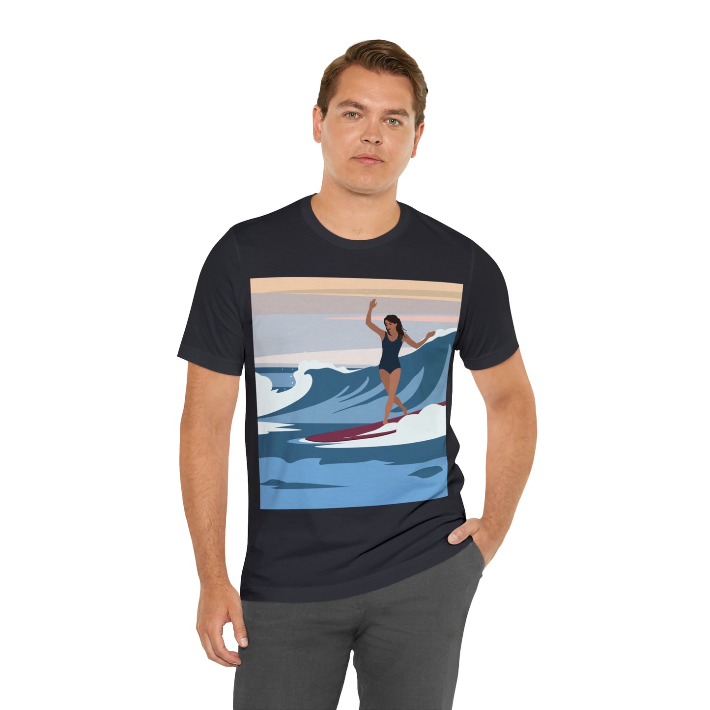 Serenity by the Sea Woman Surfing Art Unisex Jersey Short Sleeve T-Shirt