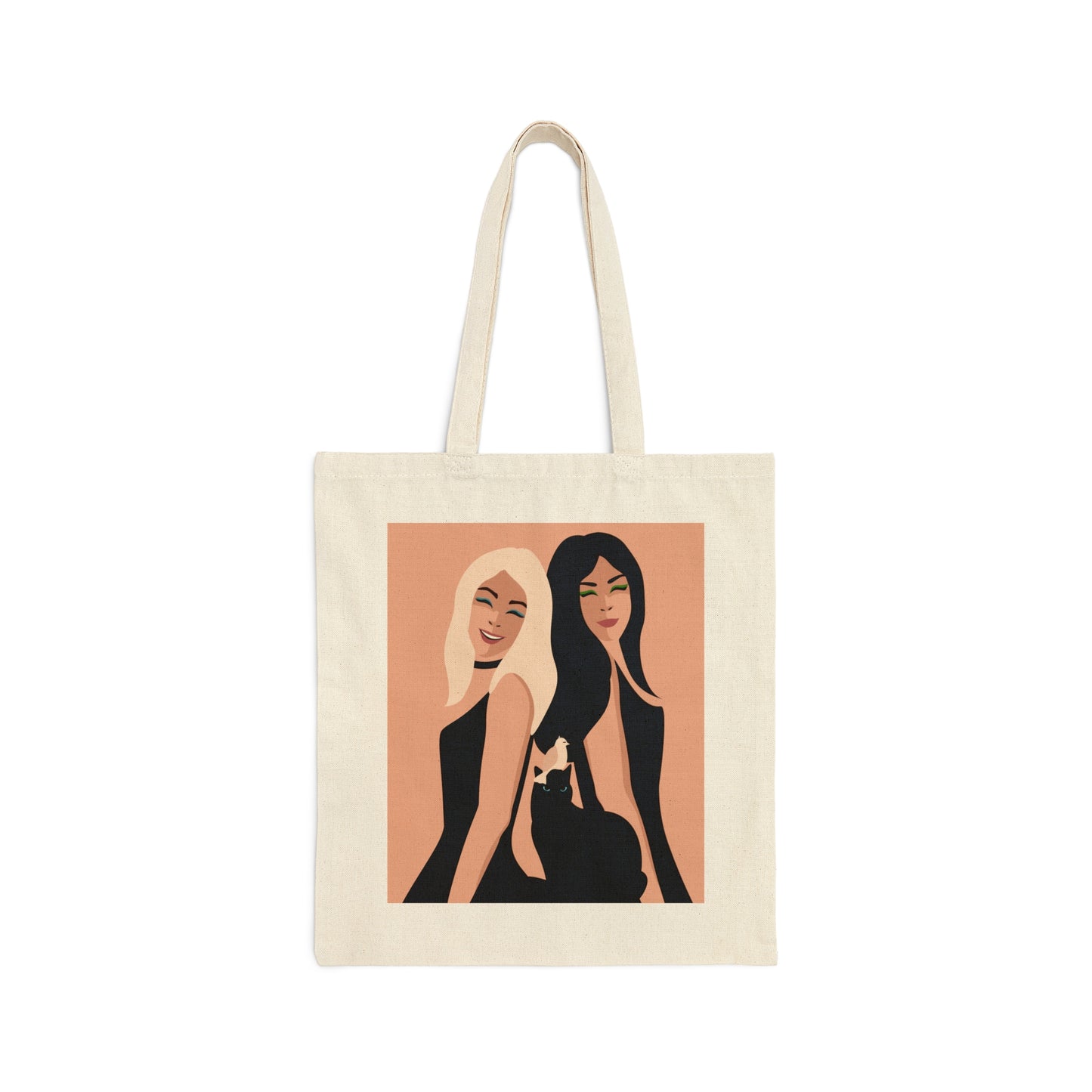 Women With Black Cat and Bird Canvas Shopping Cotton Tote Bag