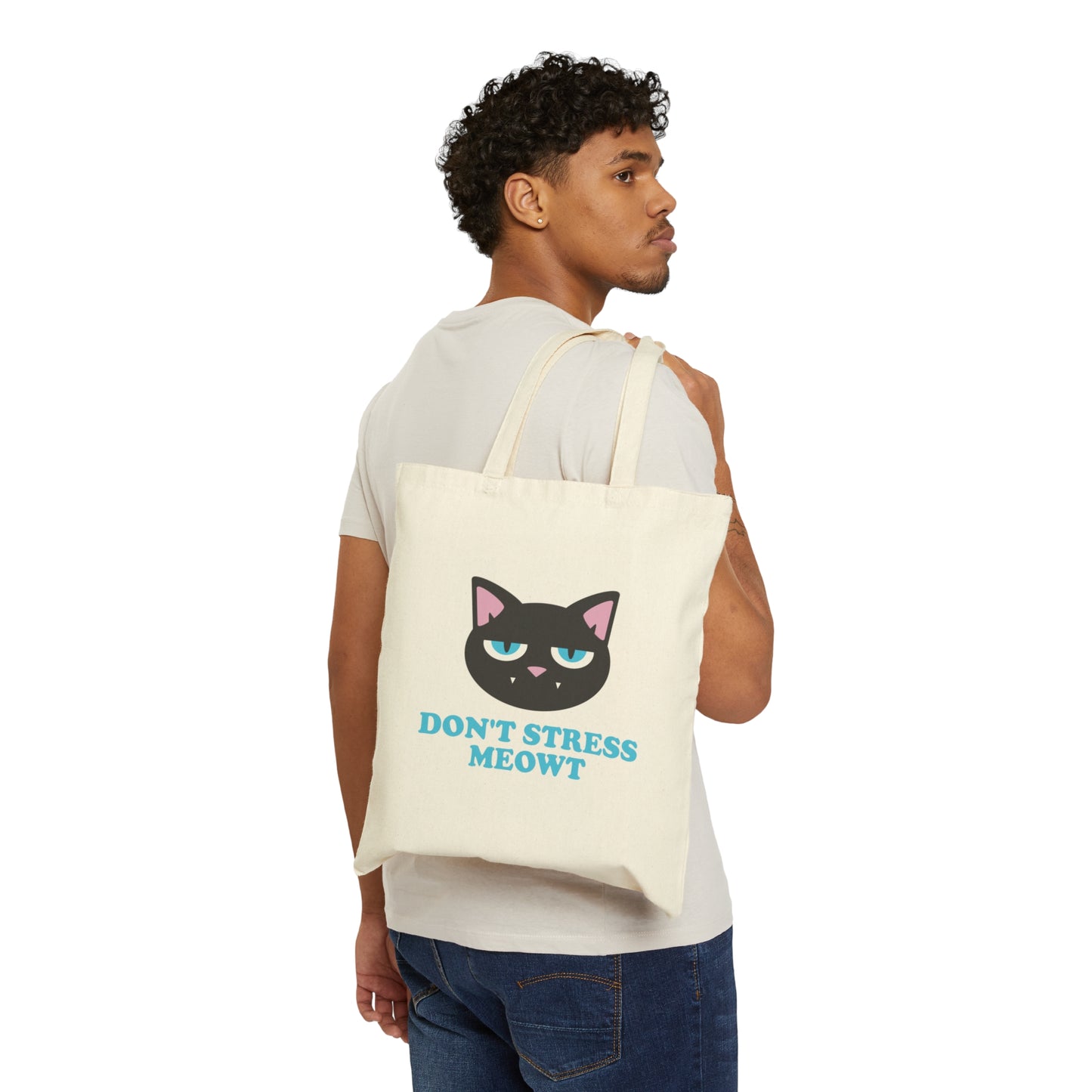 Don't Stress Meowt Funny Cat Meme Quotes Blue Text Canvas Shopping Cotton Tote Bag