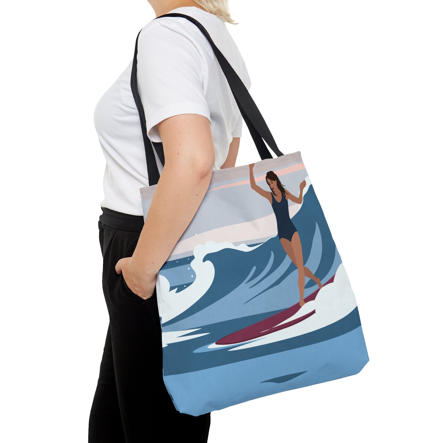 Serenity by the Sea Woman Surfing Art AOP Tote Bag