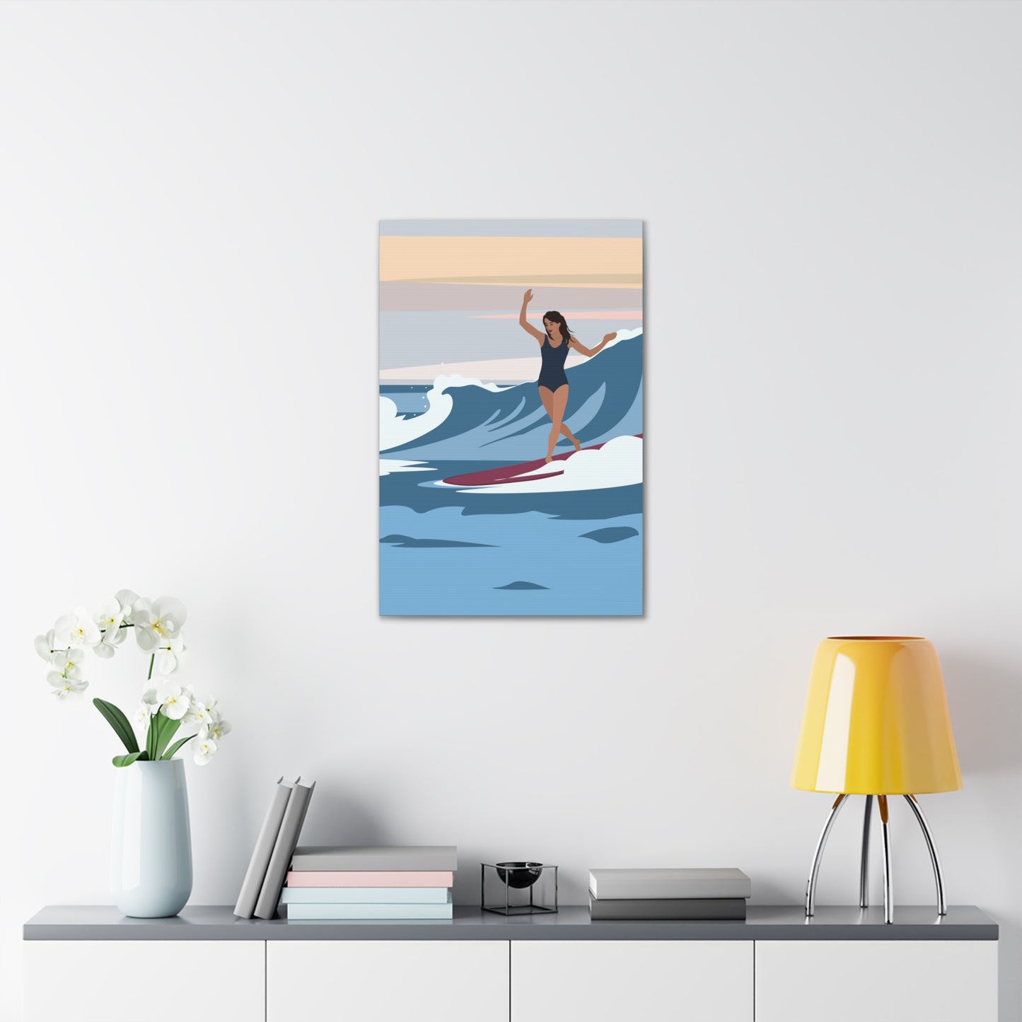 Serenity by the Sea Woman Surfing Art Canvas Aesthetic Canvas Gallery Wraps