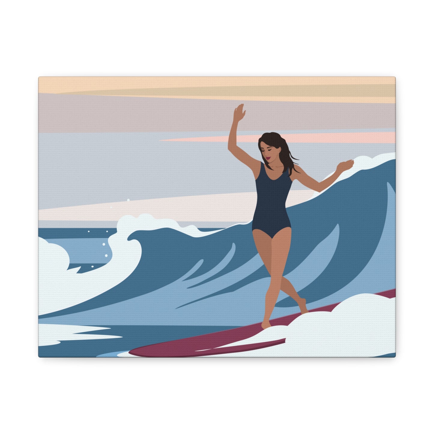 Serenity by the Sea Woman Surfing Art Canvas Aesthetic Canvas Gallery Wraps