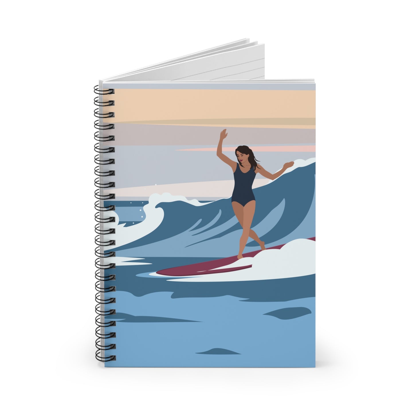 Serenity by the Sea Woman Surfing Art Spiral Notebook Ruled Line