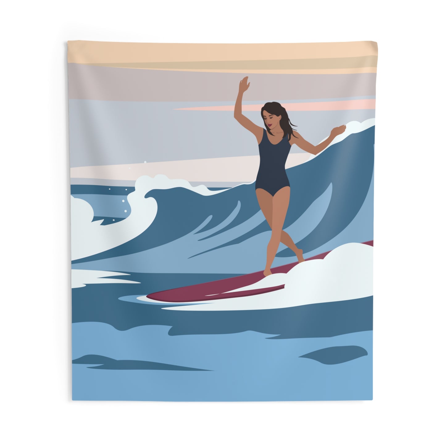 Serenity by the Sea Woman Surfing Art Indoor Wall Tapestries