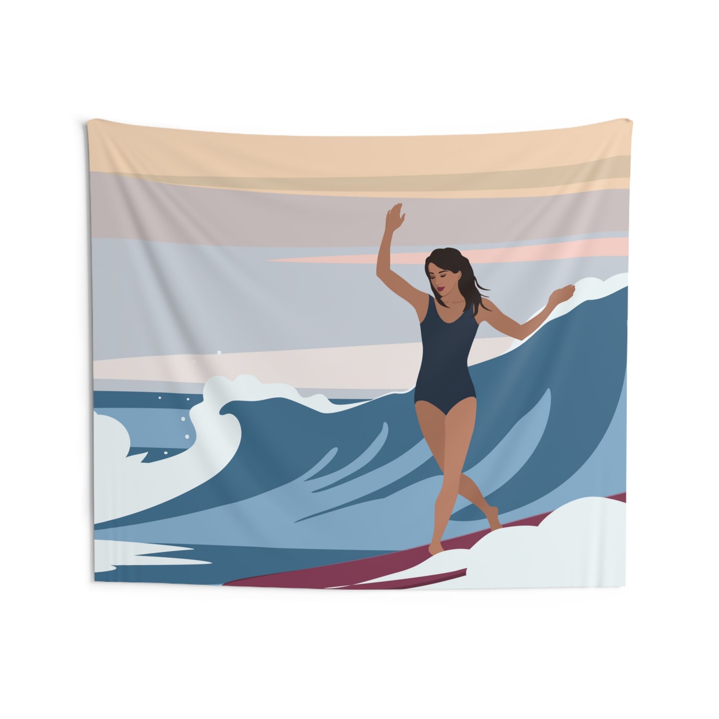 Serenity by the Sea Woman Surfing Art Indoor Wall Tapestries