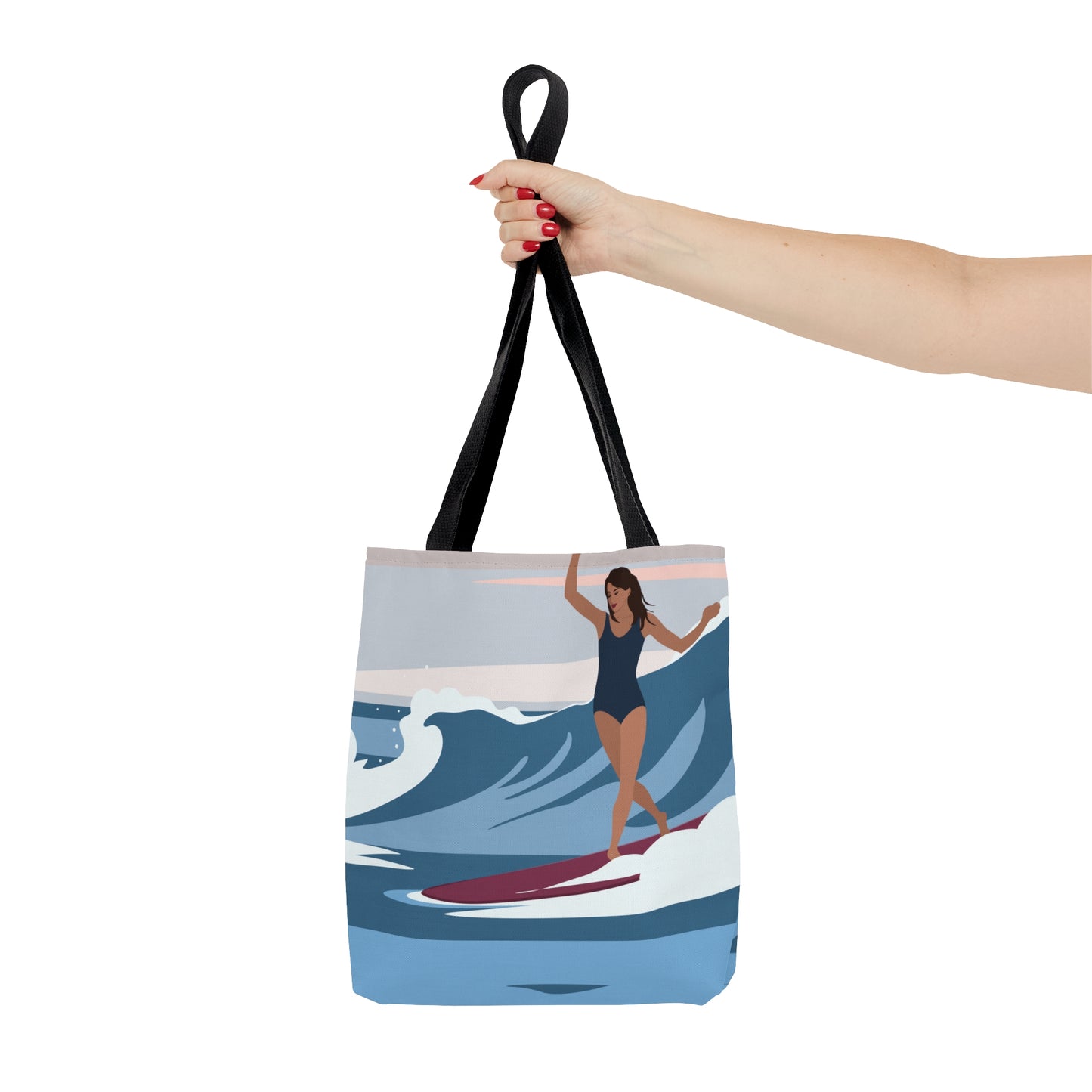 Serenity by the Sea Woman Surfing Art AOP Tote Bag