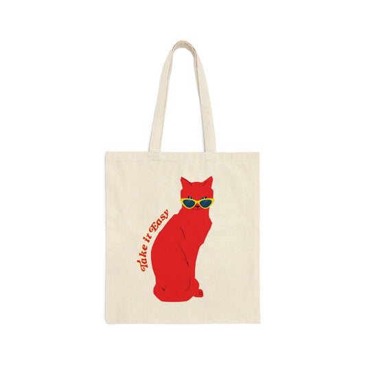 Red Cat Watchig Take It Easy Cat Lovers Cute Funny  Canvas Shopping Cotton Tote Bag