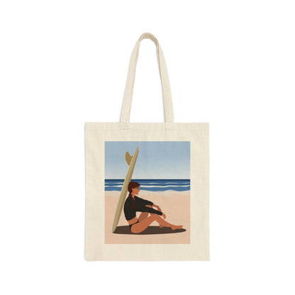 Serenity by the Sea Woman Sitting on Beach Canvas Shopping Cotton Tote Bag