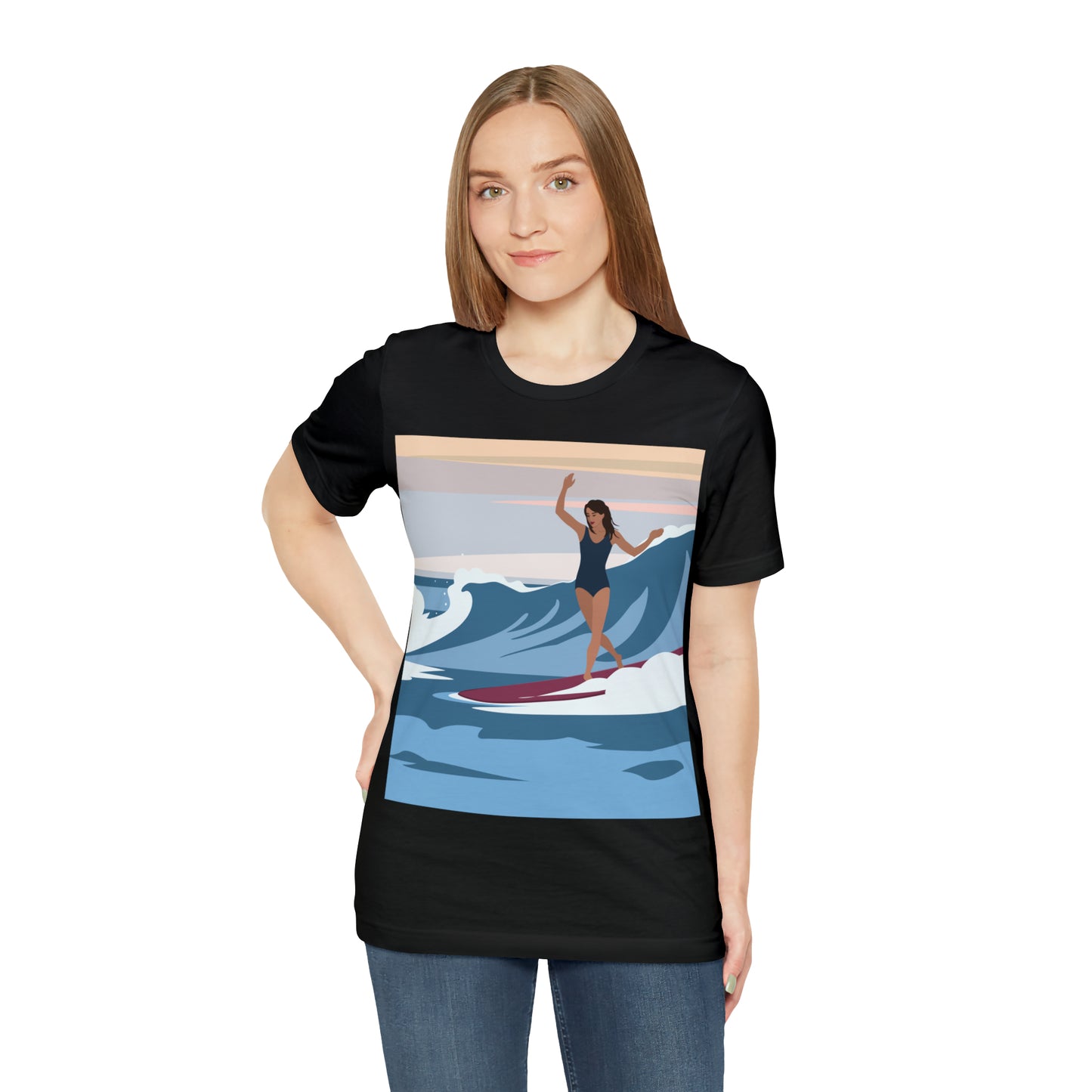 Serenity by the Sea Woman Surfing Art Unisex Jersey Short Sleeve T-Shirt