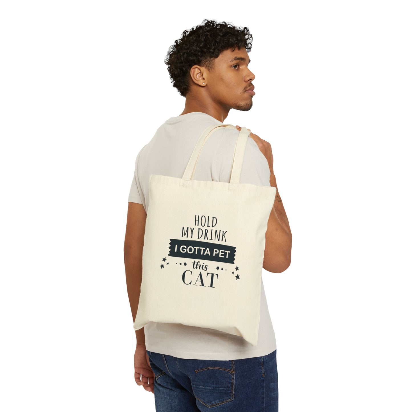 Hold My Drink I Gotta Pet This Cat Text Slogan Quotes Canvas Shopping Cotton Tote Bag