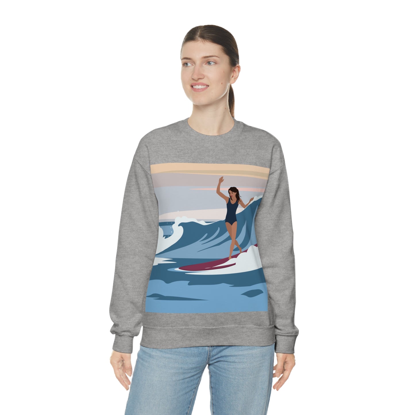 Serenity by the Sea Woman Surfing Art Unisex Heavy Blend™ Crewneck Sweatshirt