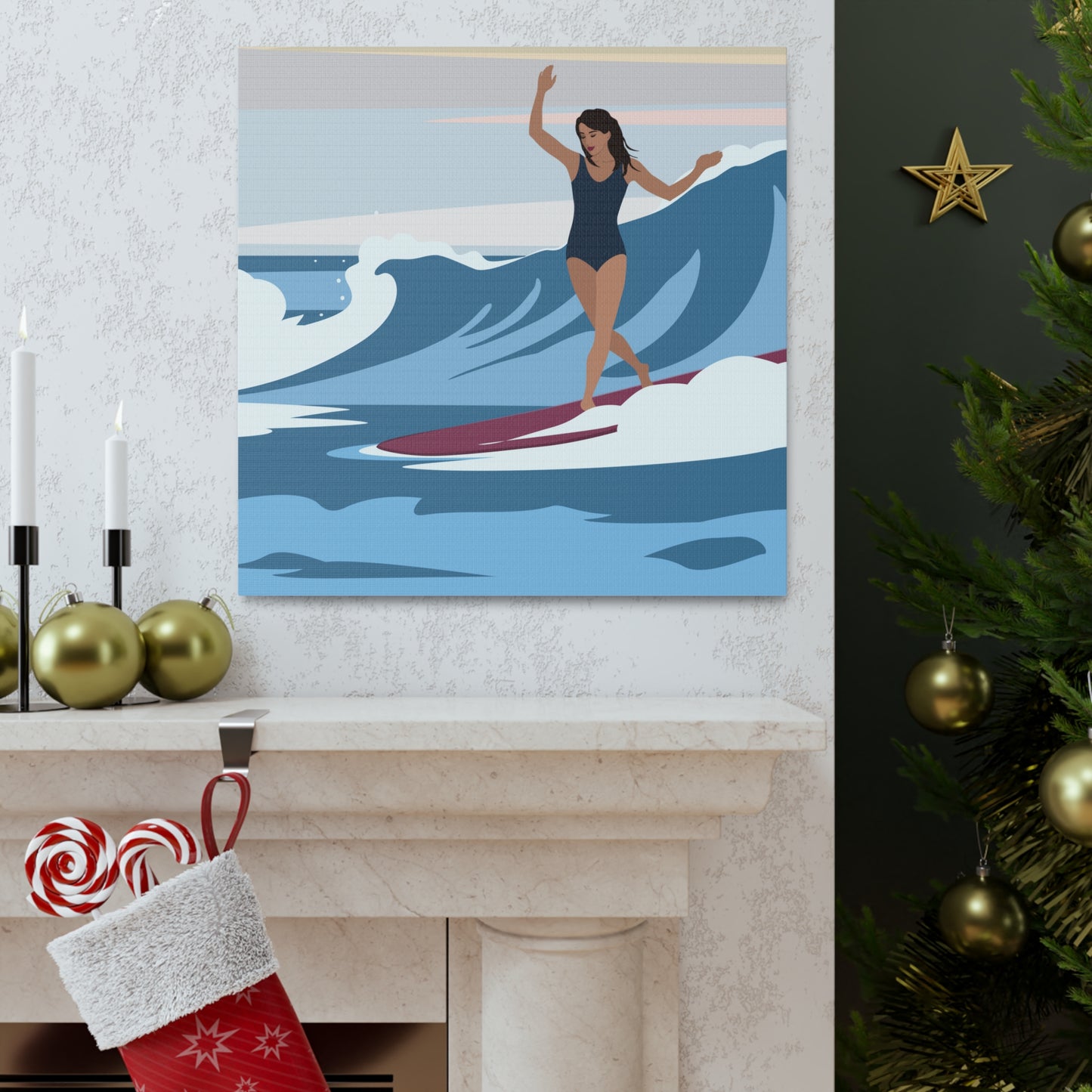 Serenity by the Sea Woman Surfing Art Canvas Aesthetic Canvas Gallery Wraps