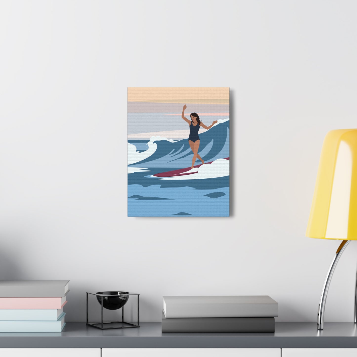 Serenity by the Sea Woman Surfing Art Canvas Aesthetic Canvas Gallery Wraps