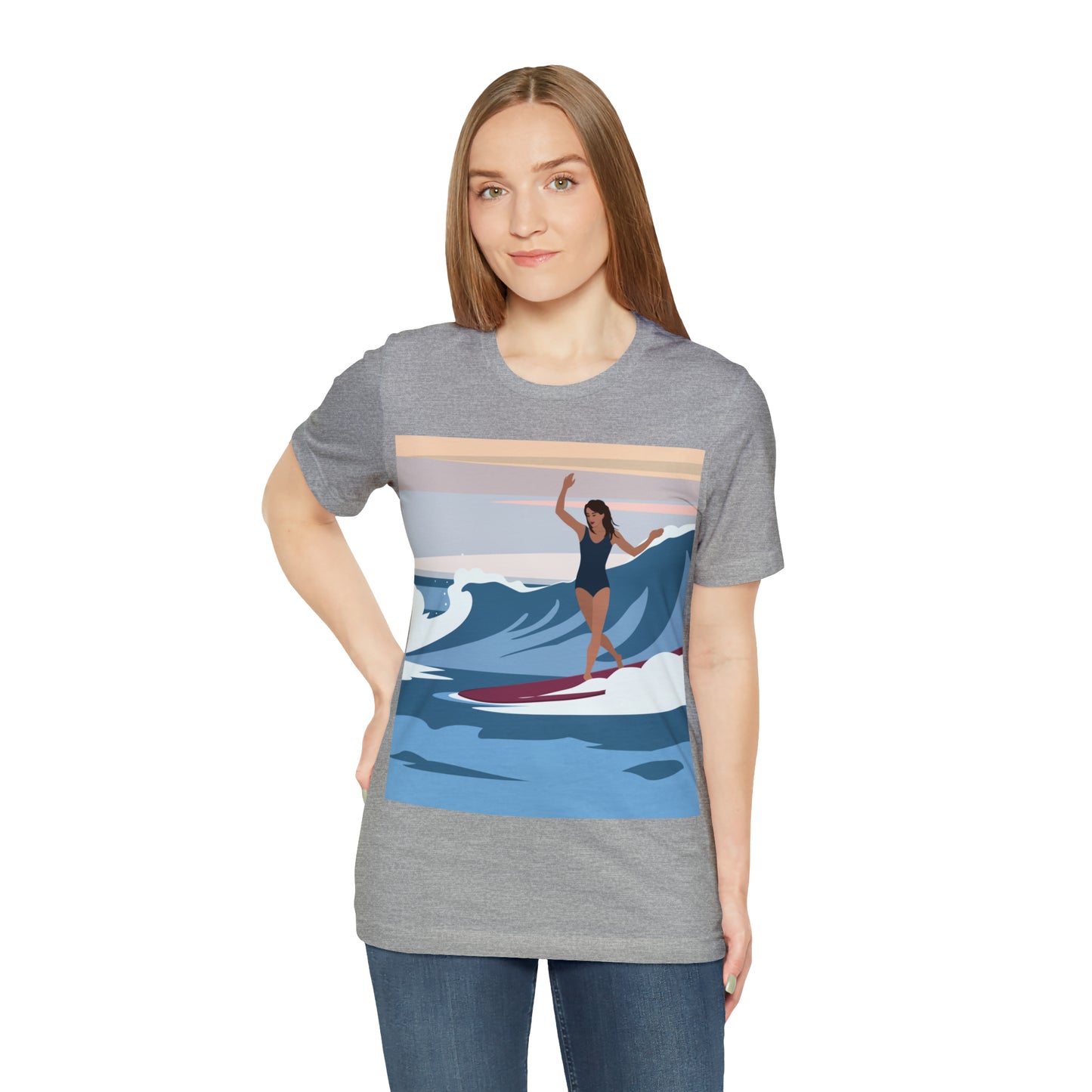 Serenity by the Sea Woman Surfing Art Unisex Jersey Short Sleeve T-Shirt