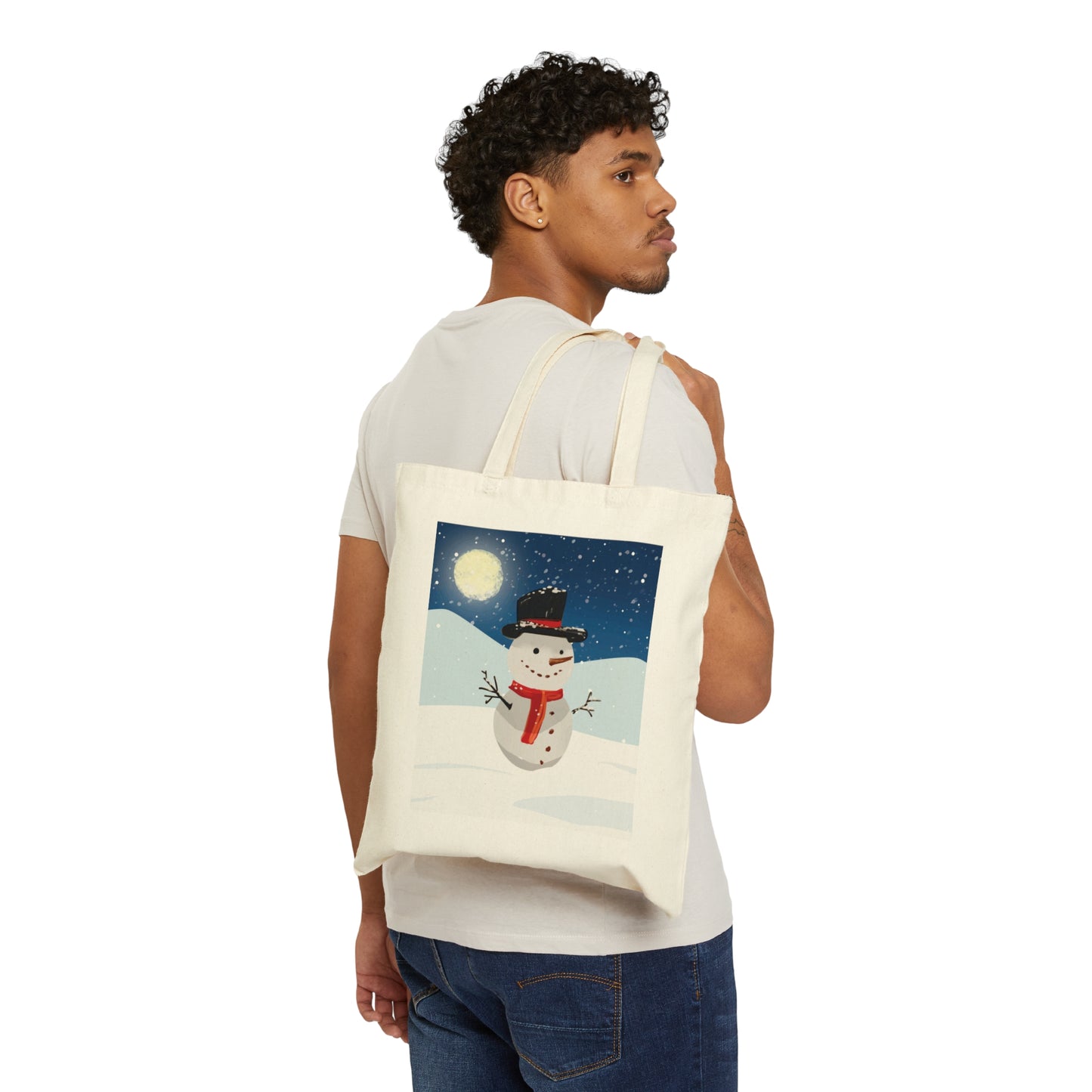 Snowman Cartoon Christmas Night Canvas Shopping Cotton Tote Bag