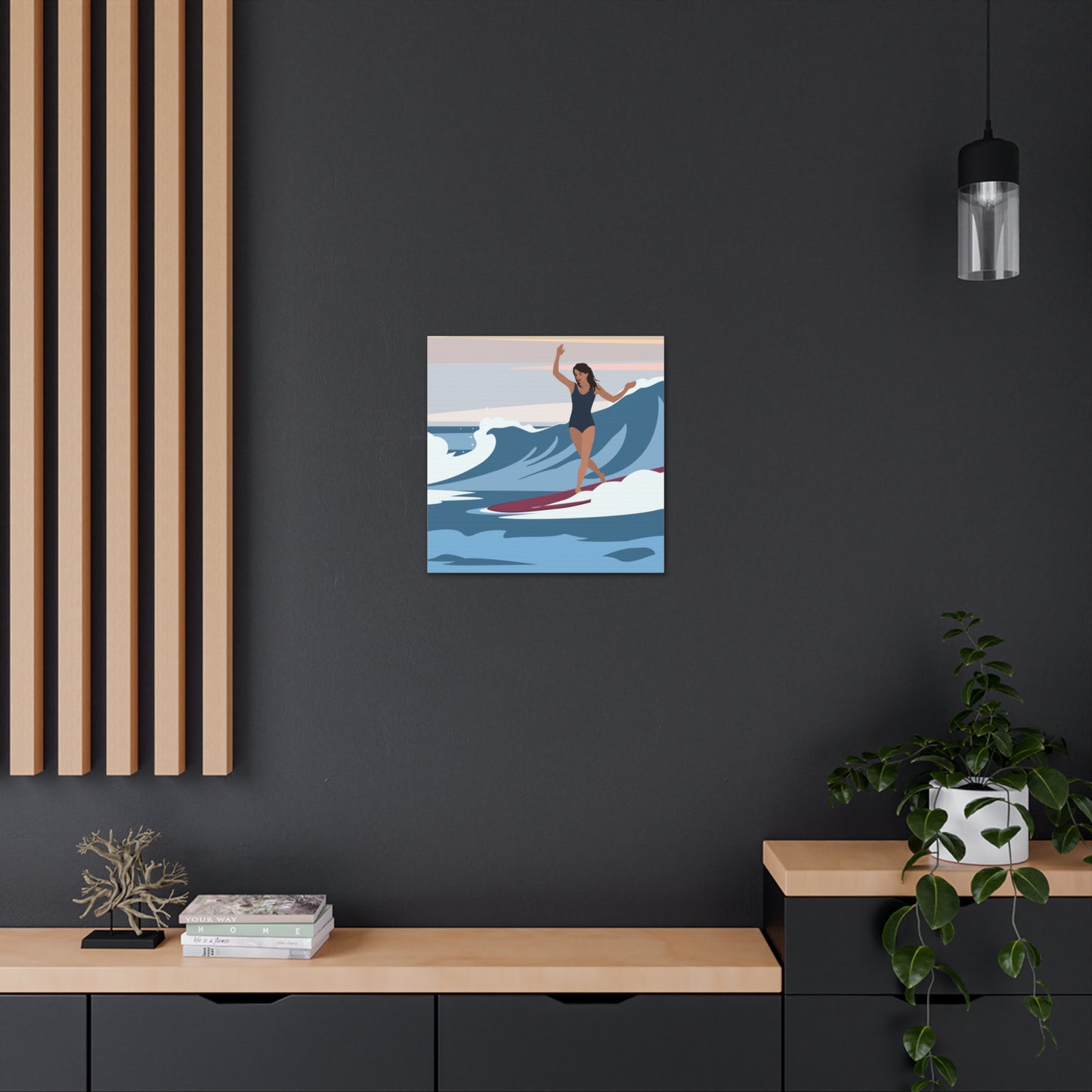 Serenity by the Sea Woman Surfing Art Canvas Aesthetic Canvas Gallery Wraps