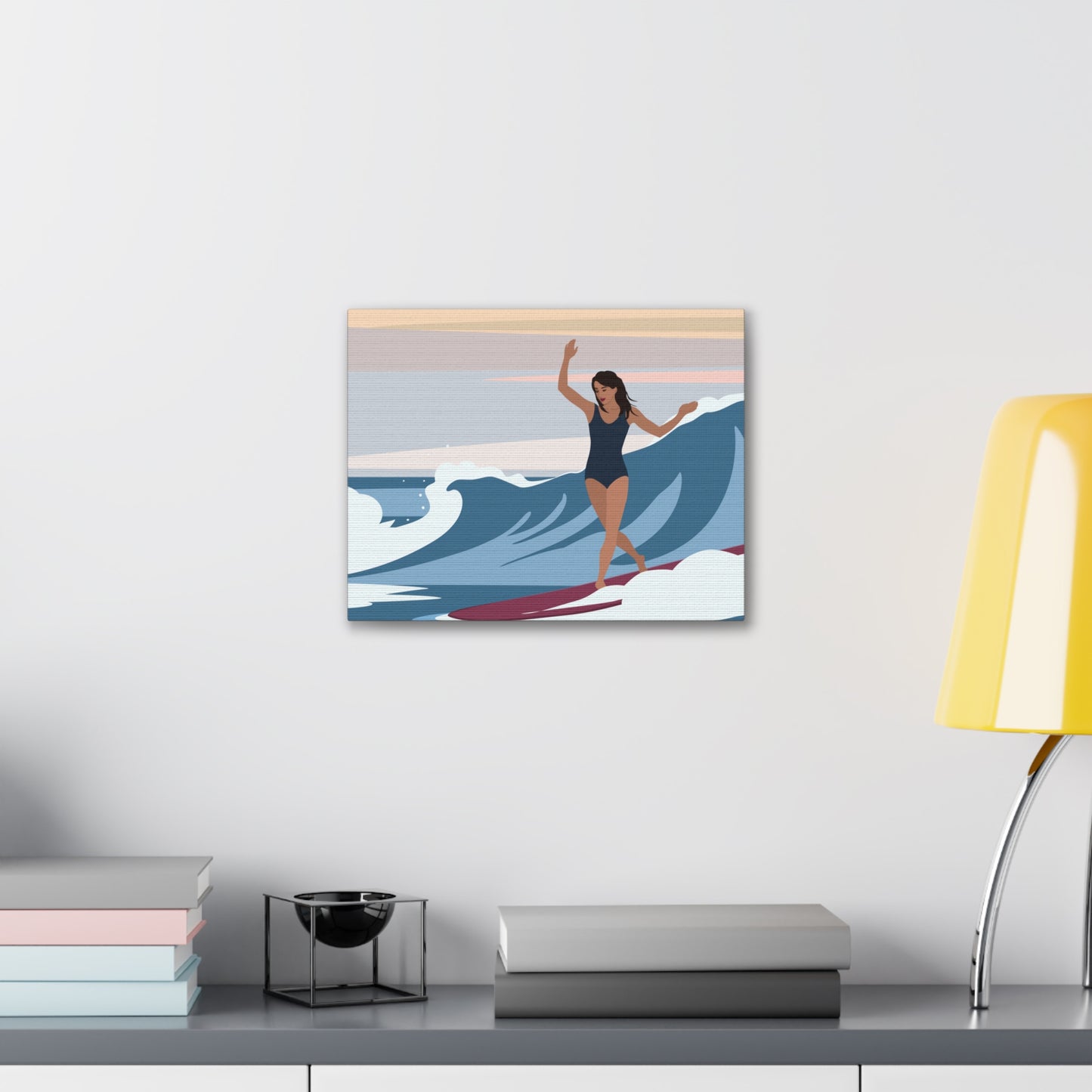 Serenity by the Sea Woman Surfing Art Canvas Aesthetic Canvas Gallery Wraps