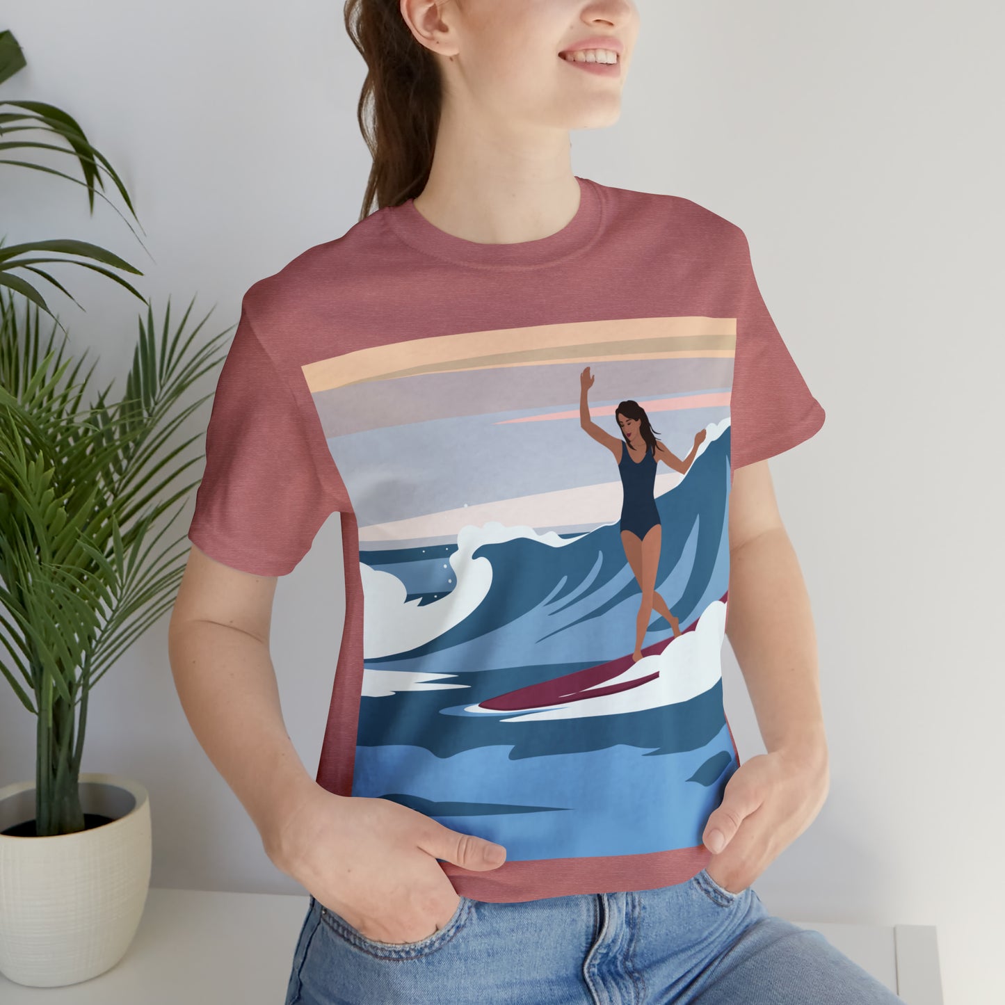 Serenity by the Sea Woman Surfing Art Unisex Jersey Short Sleeve T-Shirt