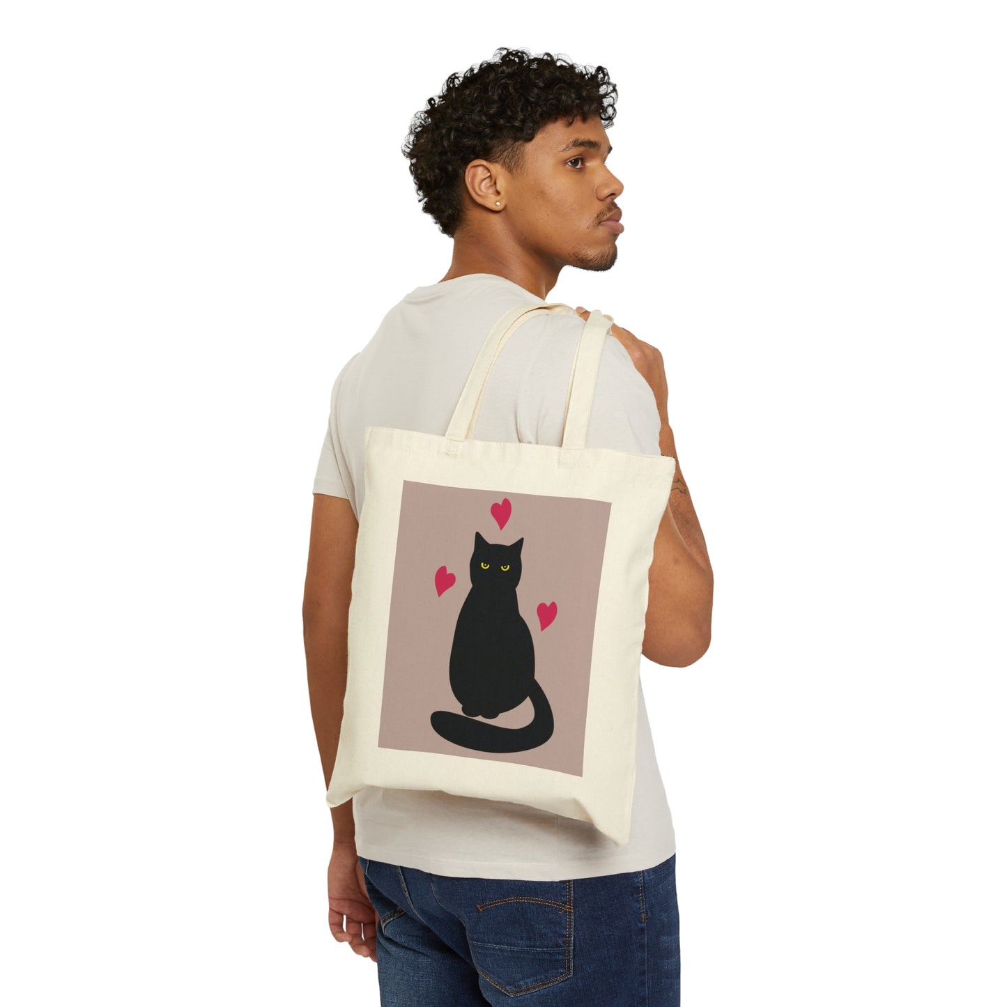 Black Cat with Heart Love Canvas Shopping Cotton Tote Bag