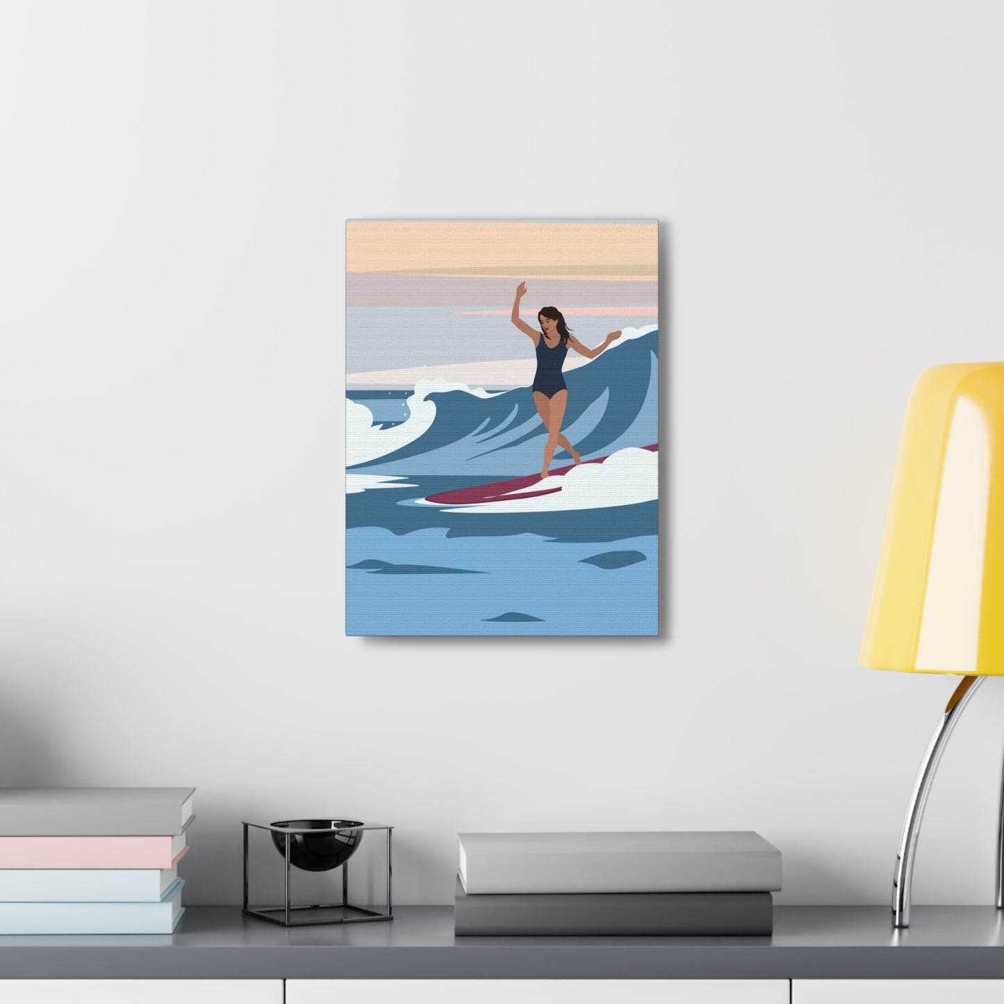 Serenity by the Sea Woman Surfing Art Canvas Aesthetic Canvas Gallery Wraps