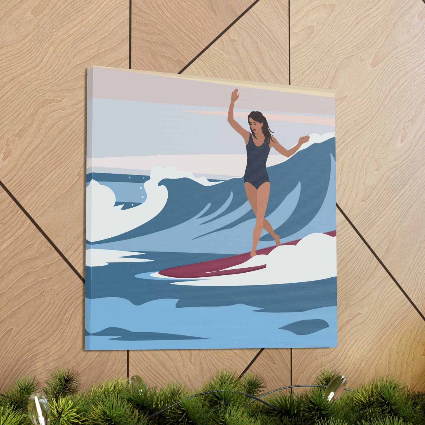 Serenity by the Sea Woman Surfing Art Canvas Aesthetic Canvas Gallery Wraps