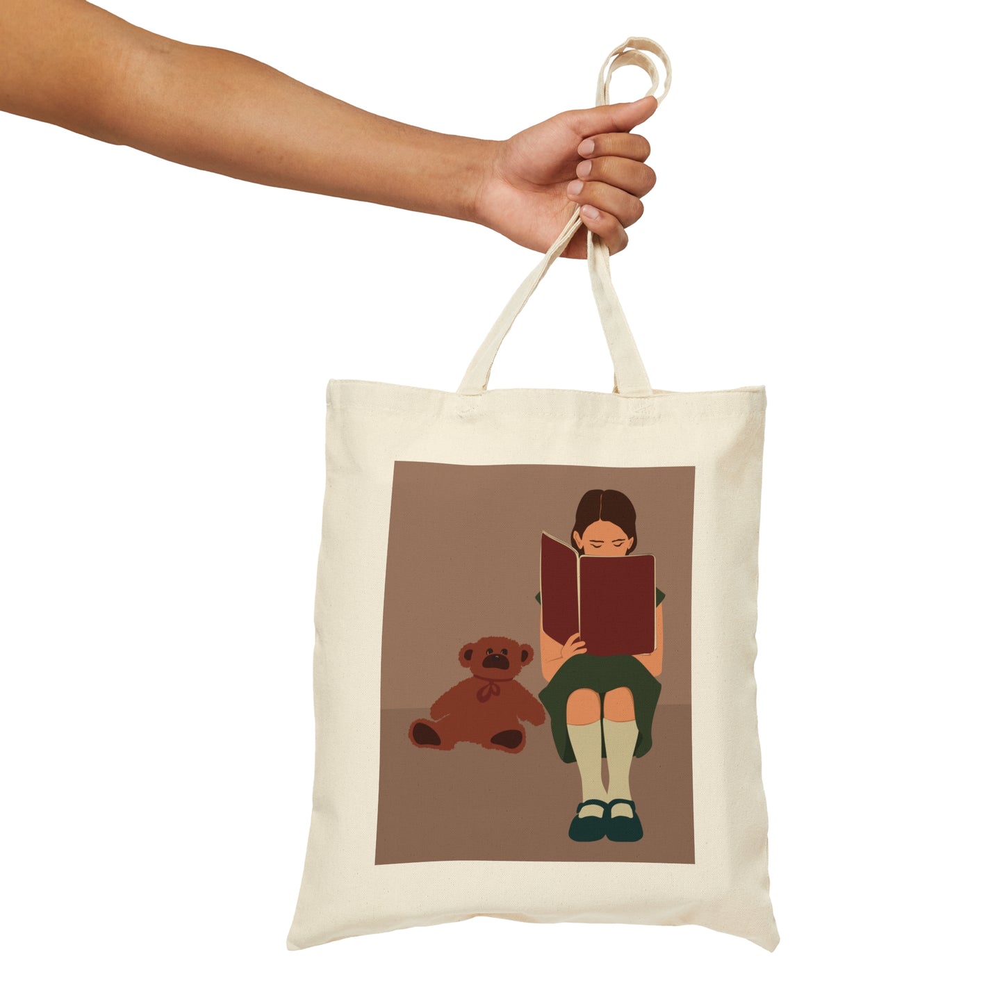 Woman Reading Book with Bear Cozy Cute Art Graphic Canvas Shopping Cotton Tote Bag