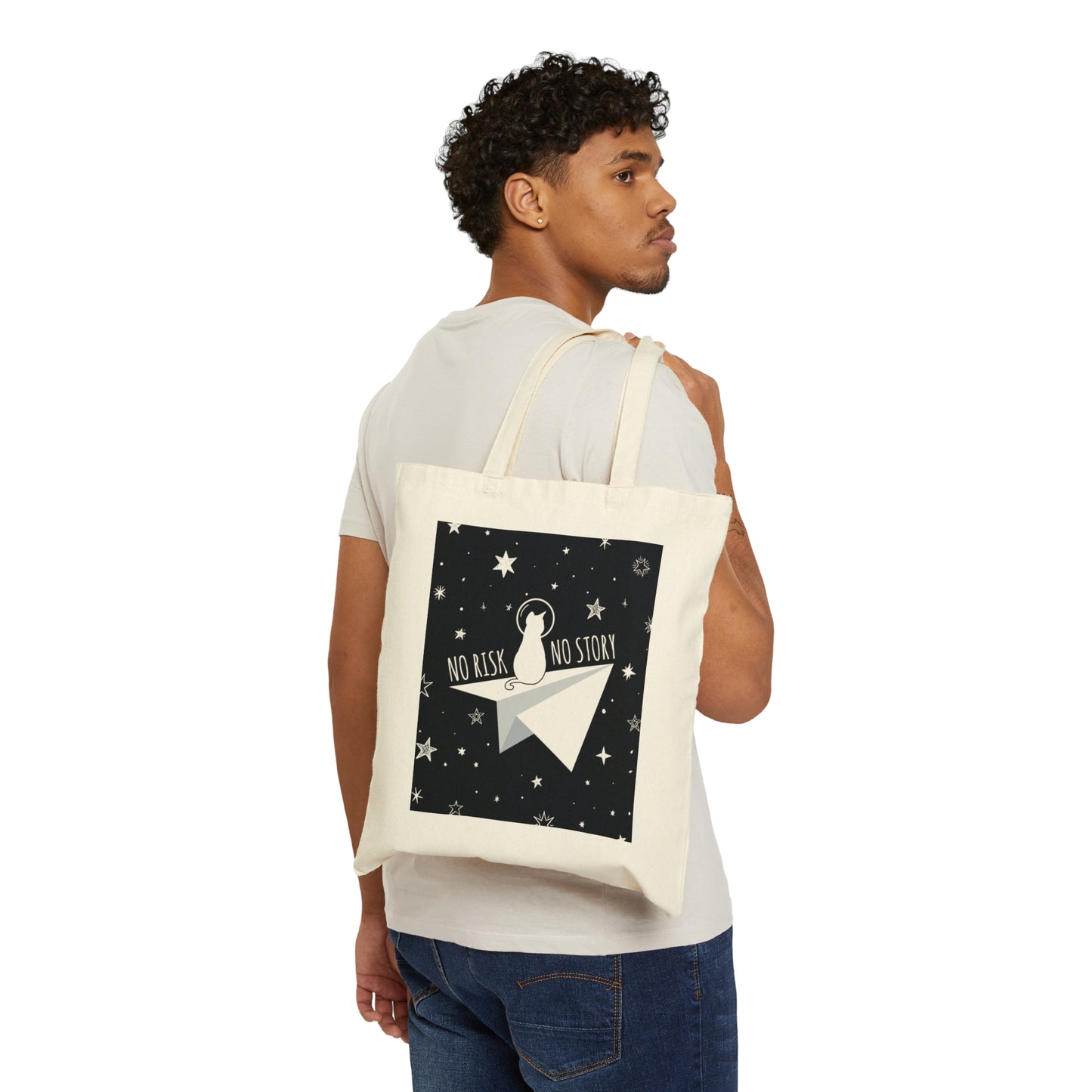 No risk No story Flying Galaxy Space Cat Astronaut Asteroid Art Canvas Shopping Cotton Tote Bag