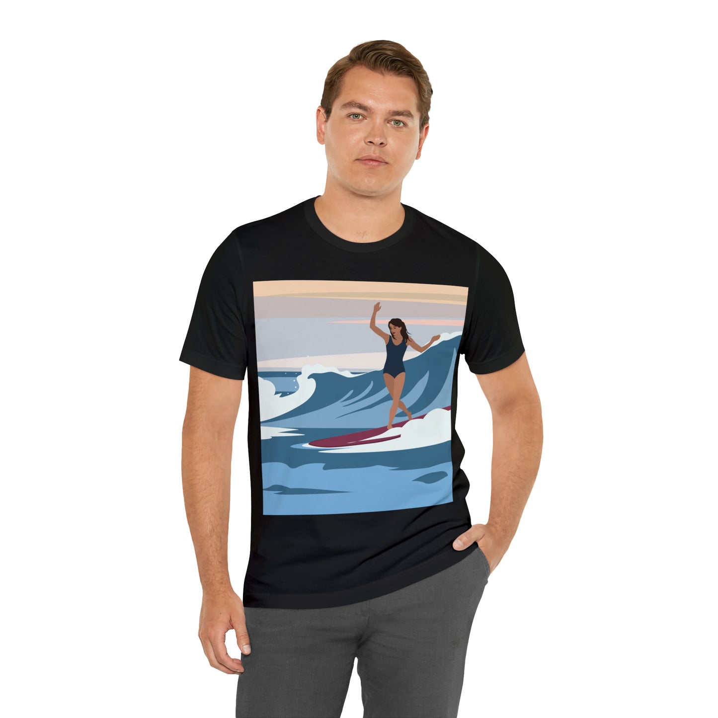 Serenity by the Sea Woman Surfing Art Unisex Jersey Short Sleeve T-Shirt