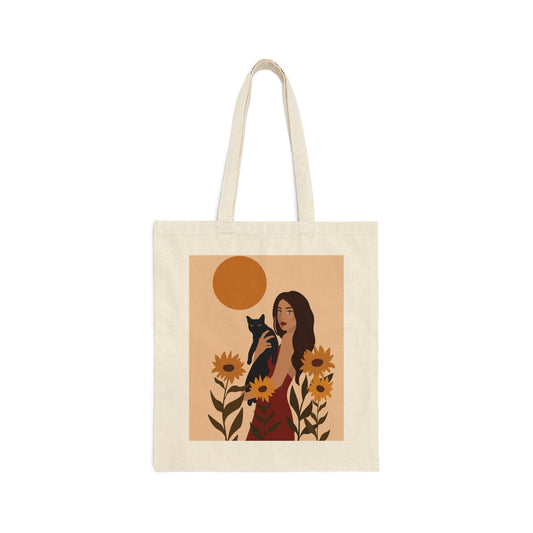 Woman with Black Cat Mininal Sunflowers Aesthetic Art Canvas Shopping Cotton Tote Bag