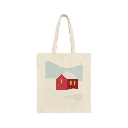 Winter Snow Red House Minimal Art Canvas Shopping Cotton Tote Bag