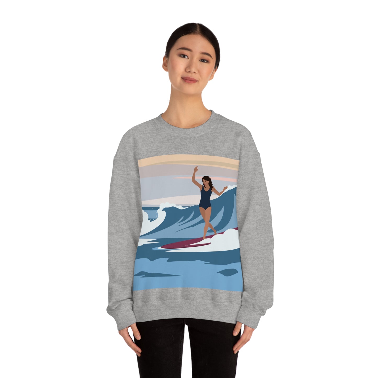 Serenity by the Sea Woman Surfing Art Unisex Heavy Blend™ Crewneck Sweatshirt