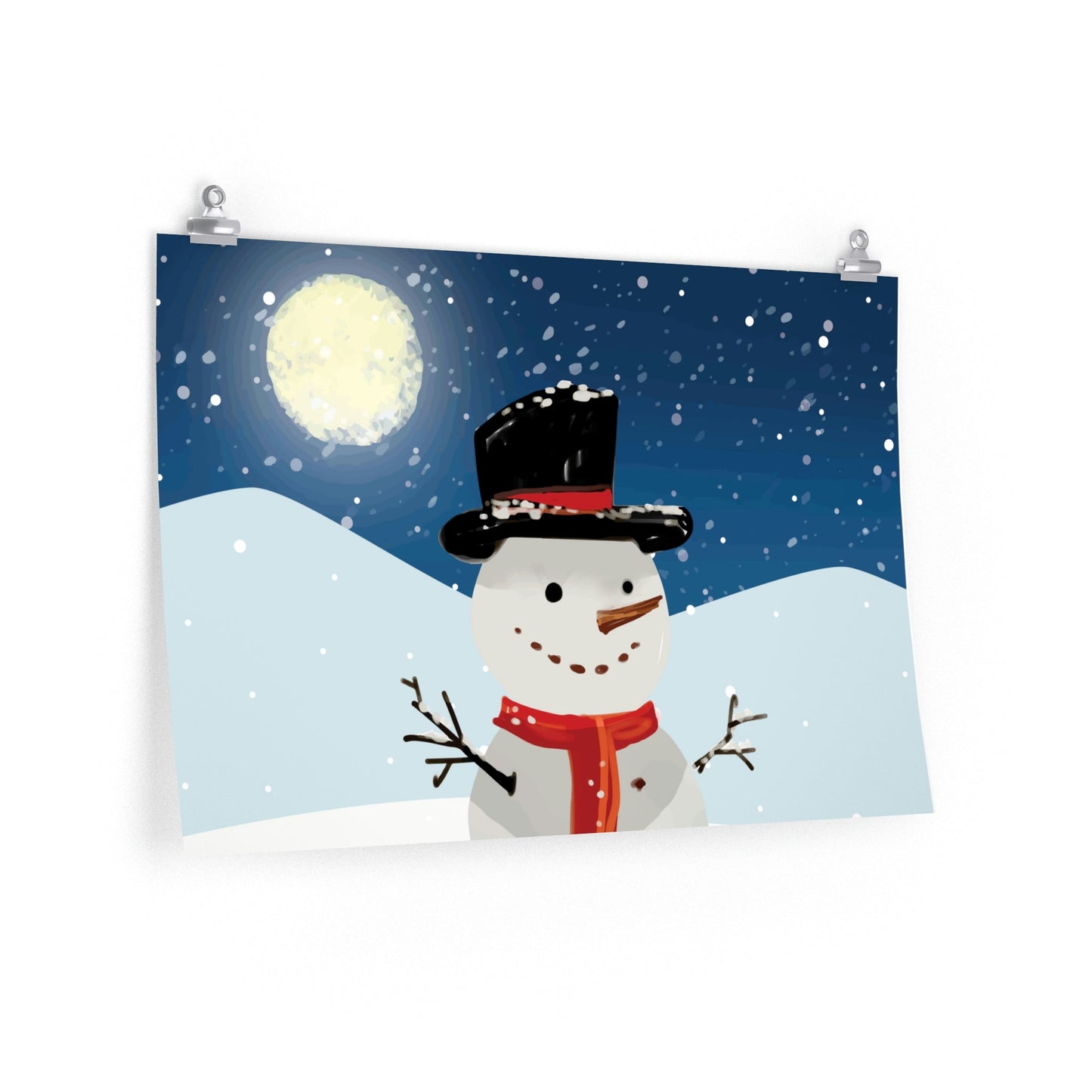 Snowman Cartoon Christmas Night Art Premium Matte Horizontal Posters Ichaku [Perfect Gifts Selection]