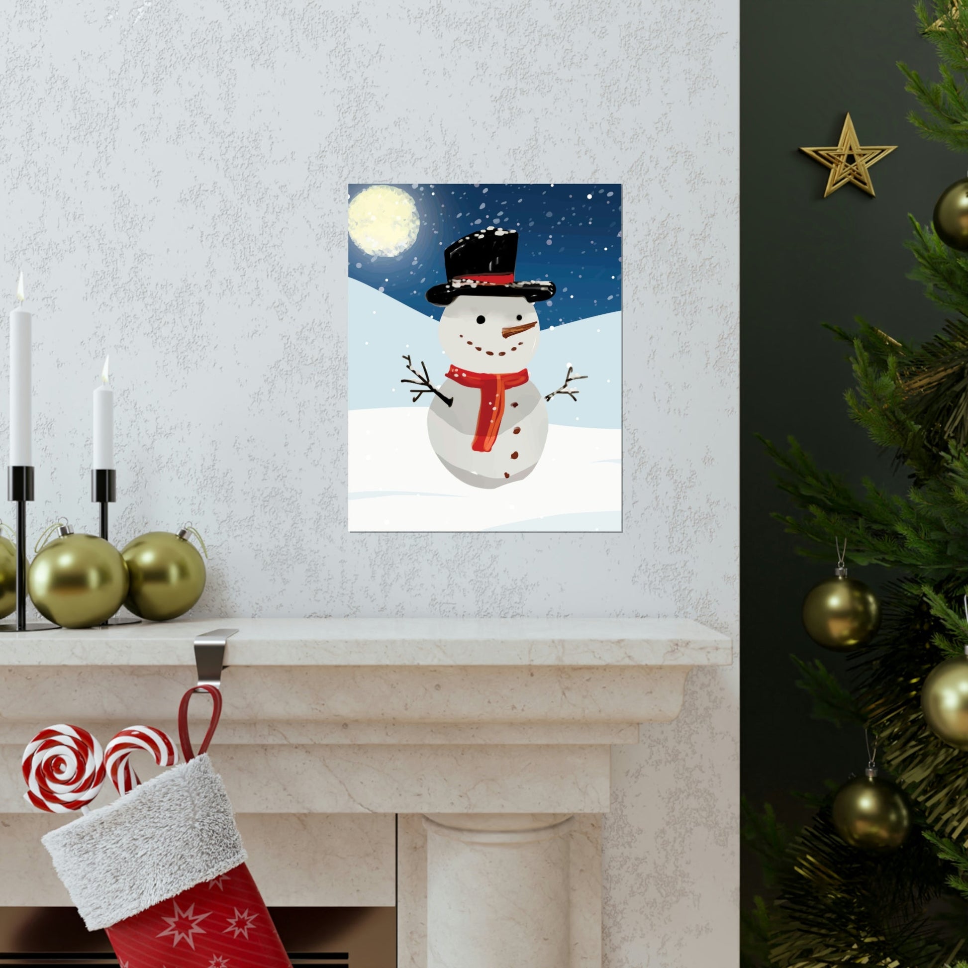 Snowman Cartoon Christmas Night Art Premium Matte Vertical Posters Ichaku [Perfect Gifts Selection]