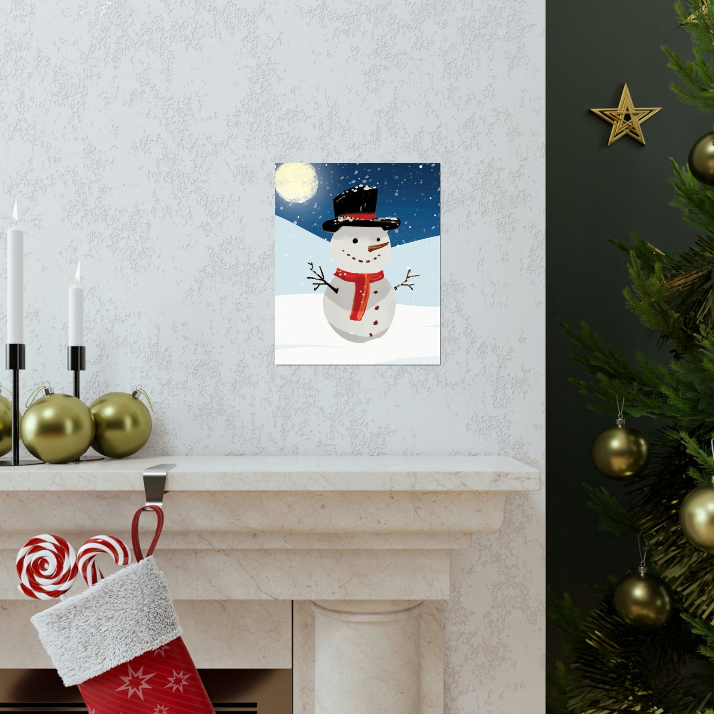 Snowman Cartoon Christmas Night Art Premium Matte Vertical Posters Ichaku [Perfect Gifts Selection]