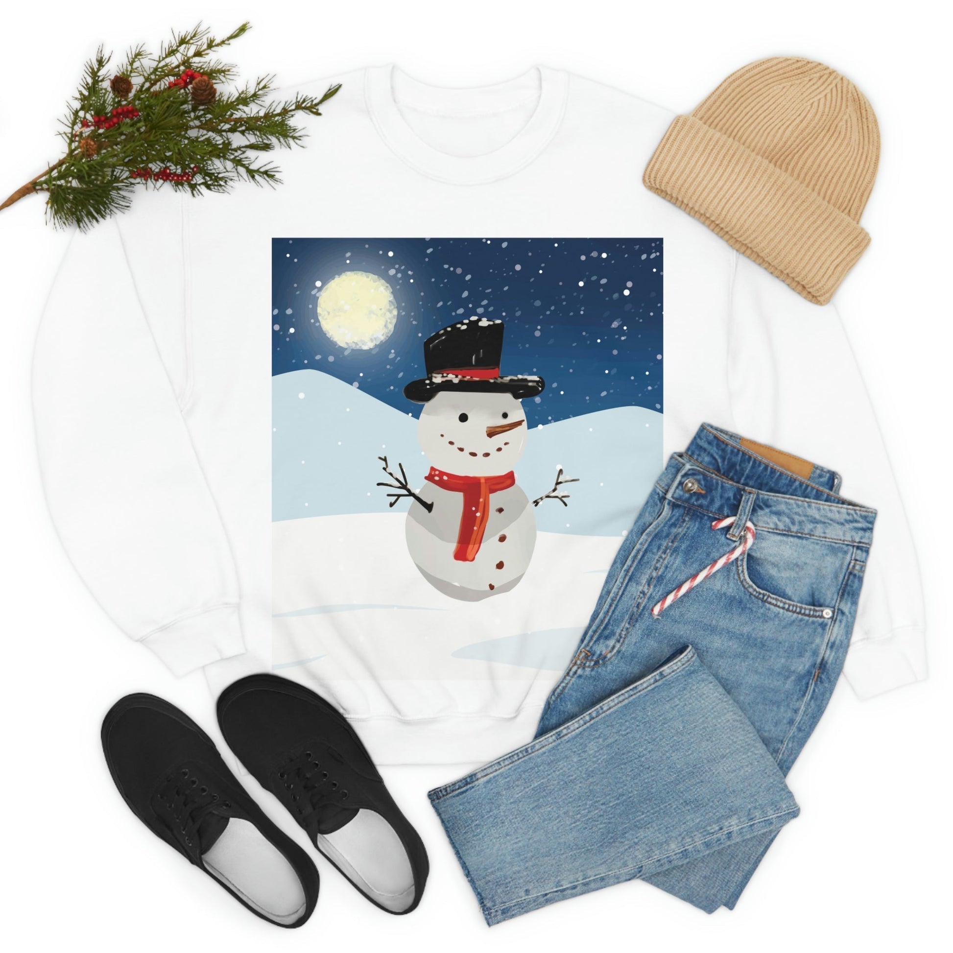 Snowman Cartoon Christmas Night Unisex Heavy Blend™ Crewneck Sweatshirt Ichaku [Perfect Gifts Selection]