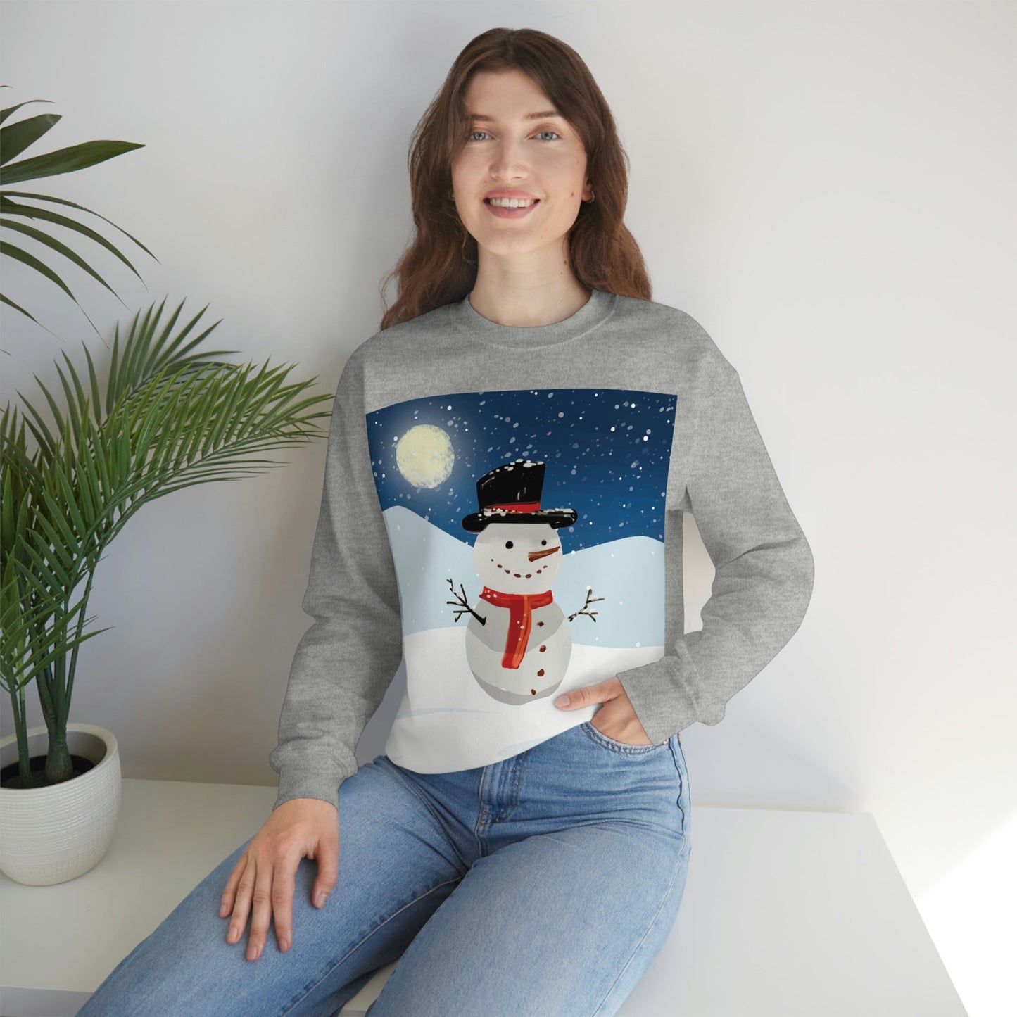 Snowman Cartoon Christmas Night Unisex Heavy Blend™ Crewneck Sweatshirt Ichaku [Perfect Gifts Selection]