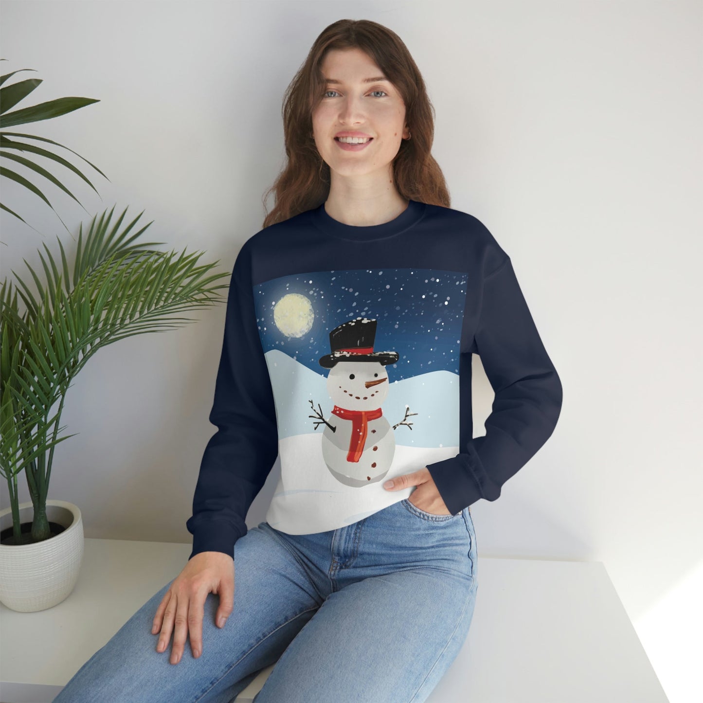 Snowman Cartoon Christmas Night Unisex Heavy Blend™ Crewneck Sweatshirt Ichaku [Perfect Gifts Selection]