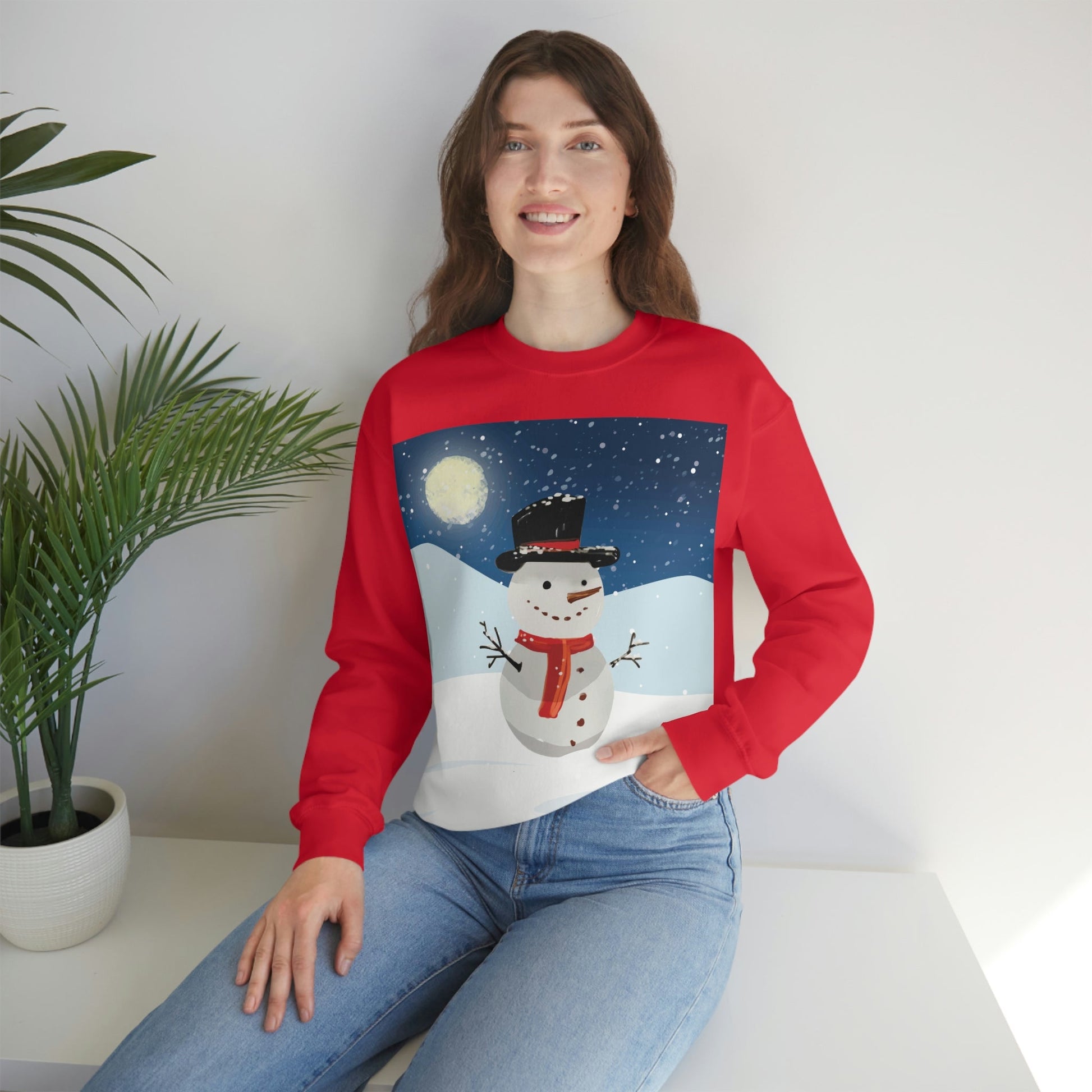 Snowman Cartoon Christmas Night Unisex Heavy Blend™ Crewneck Sweatshirt Ichaku [Perfect Gifts Selection]