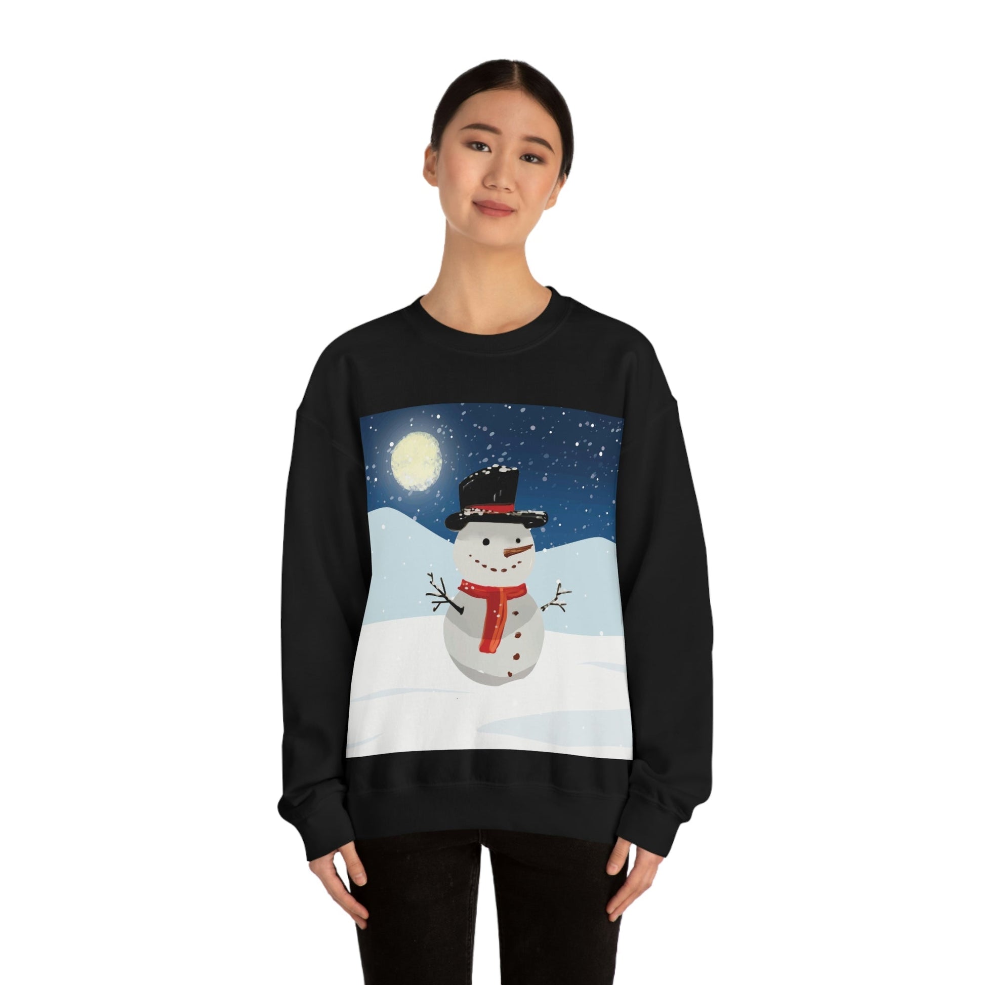 Snowman Cartoon Christmas Night Unisex Heavy Blend™ Crewneck Sweatshirt Ichaku [Perfect Gifts Selection]