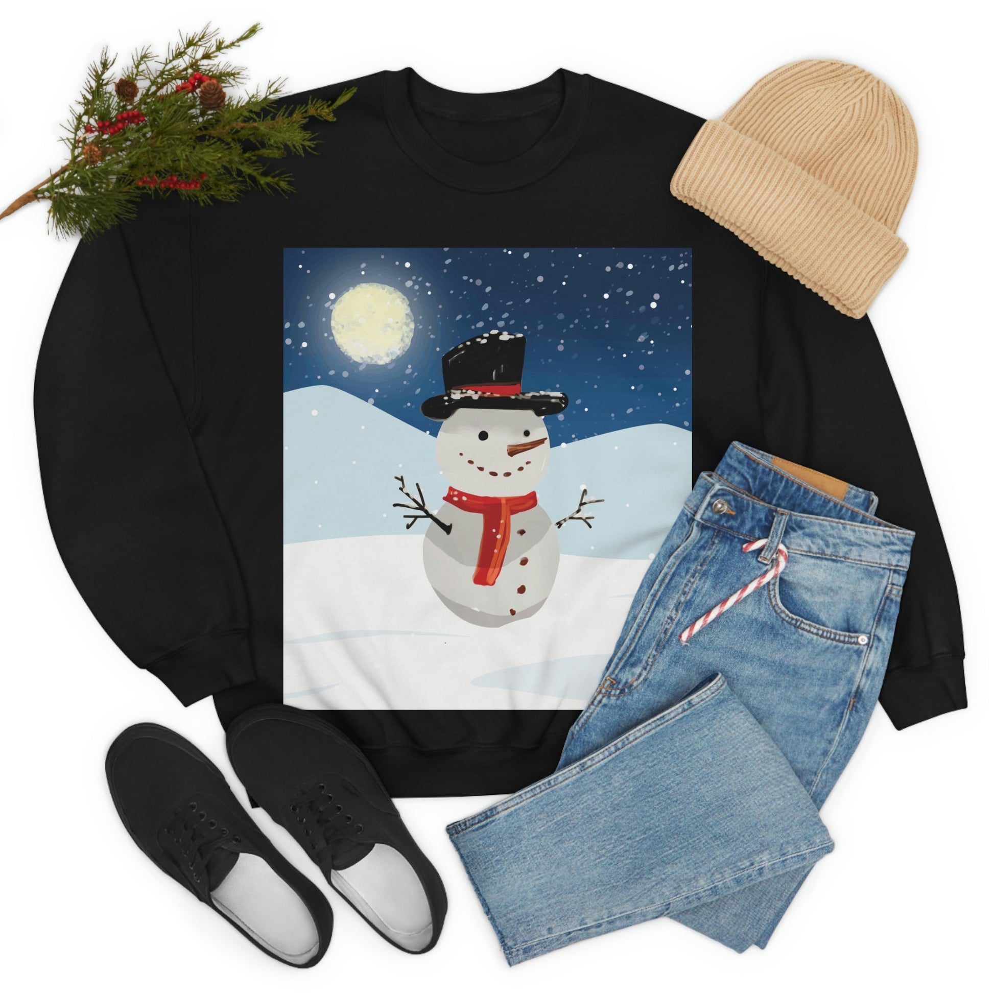 Snowman Cartoon Christmas Night Unisex Heavy Blend™ Crewneck Sweatshirt Ichaku [Perfect Gifts Selection]