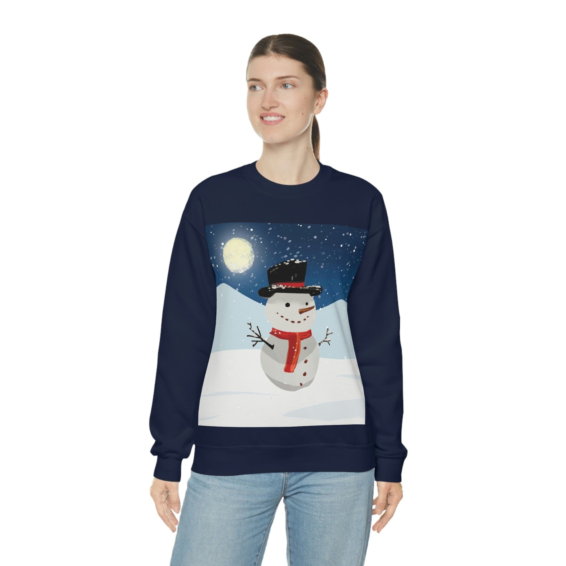 Snowman Cartoon Christmas Night Unisex Heavy Blend™ Crewneck Sweatshirt Ichaku [Perfect Gifts Selection]