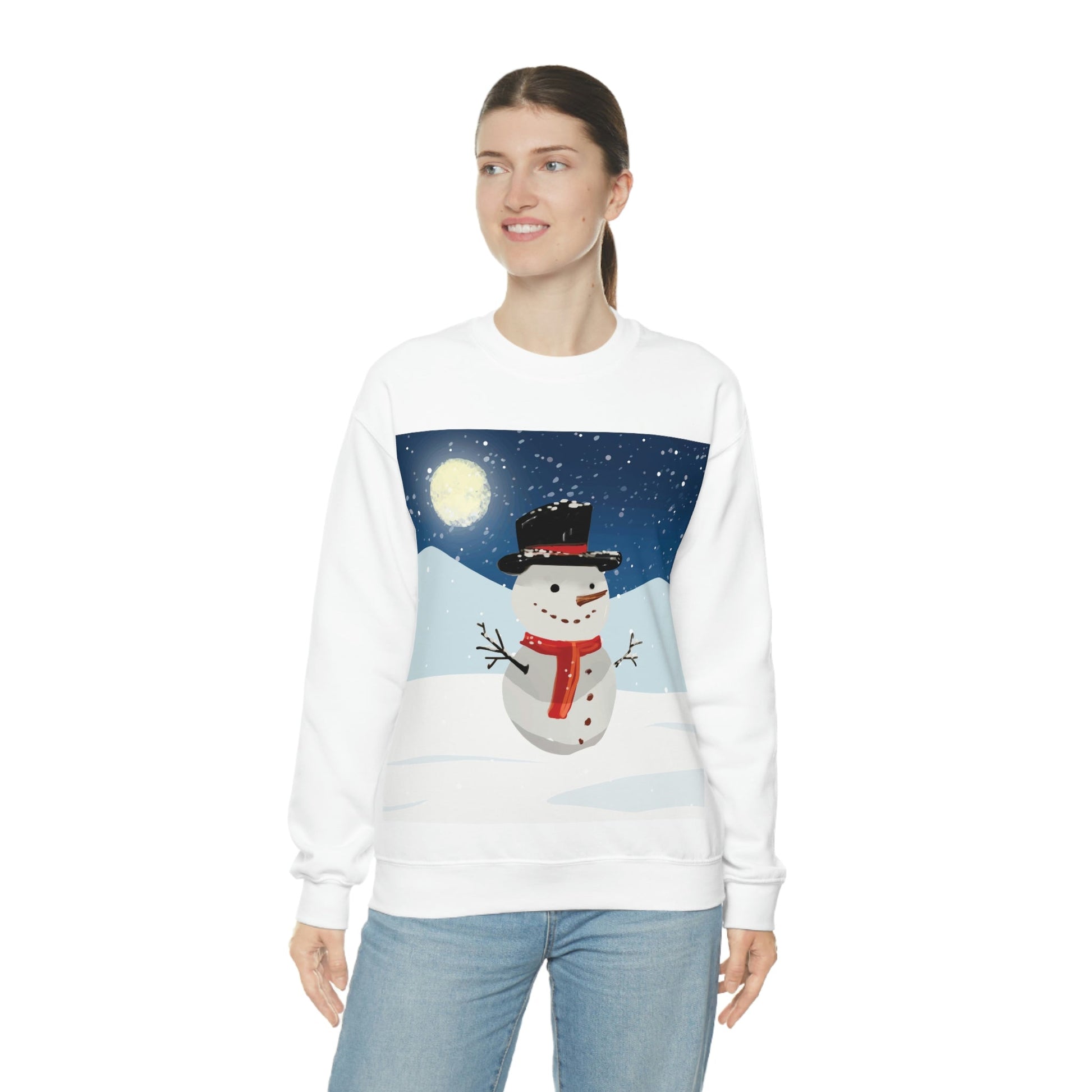 Snowman Cartoon Christmas Night Unisex Heavy Blend™ Crewneck Sweatshirt Ichaku [Perfect Gifts Selection]