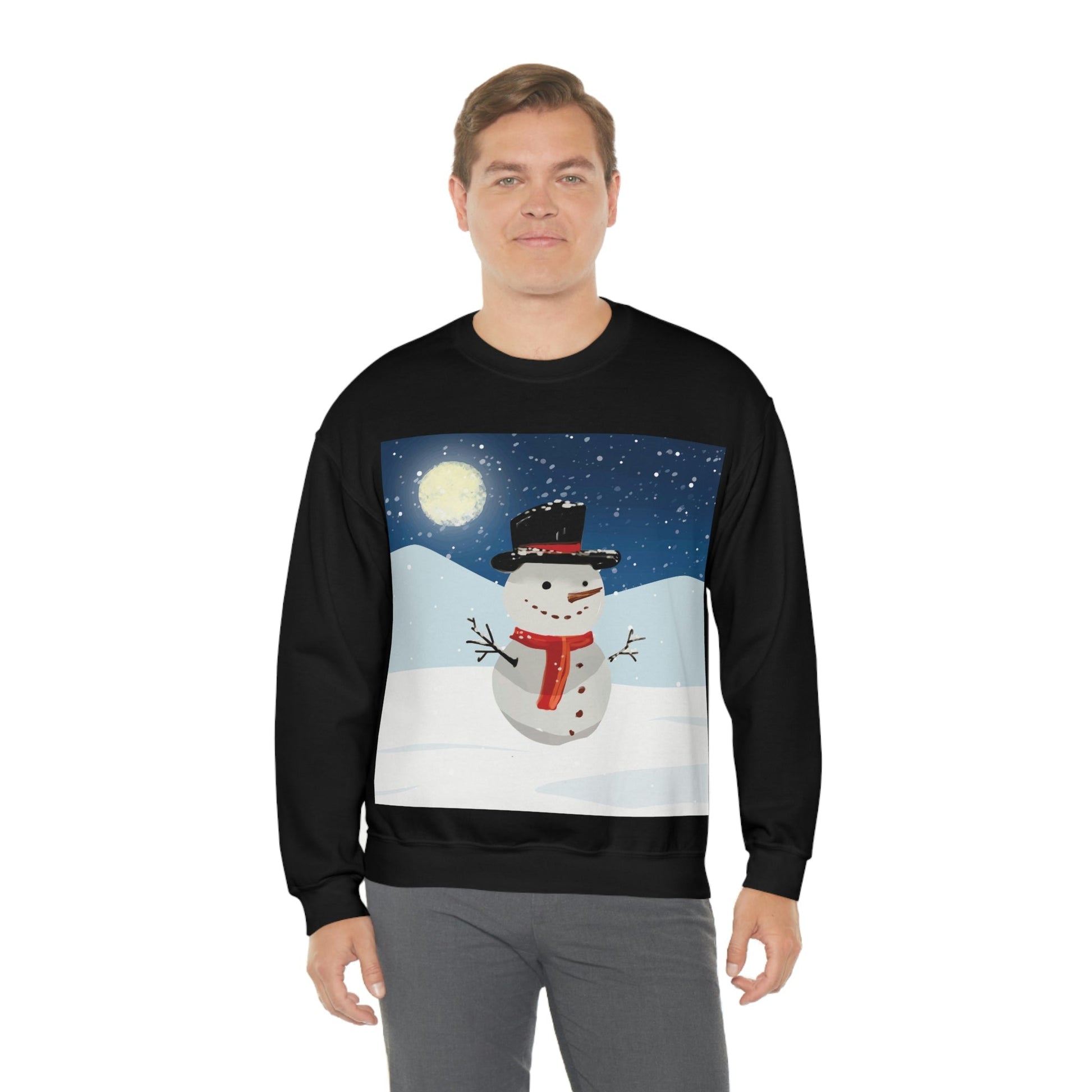 Snowman Cartoon Christmas Night Unisex Heavy Blend™ Crewneck Sweatshirt Ichaku [Perfect Gifts Selection]