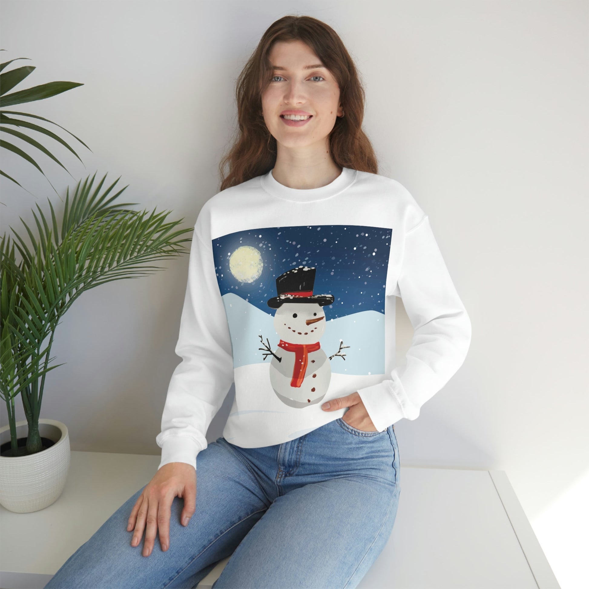 Snowman Cartoon Christmas Night Unisex Heavy Blend™ Crewneck Sweatshirt Ichaku [Perfect Gifts Selection]