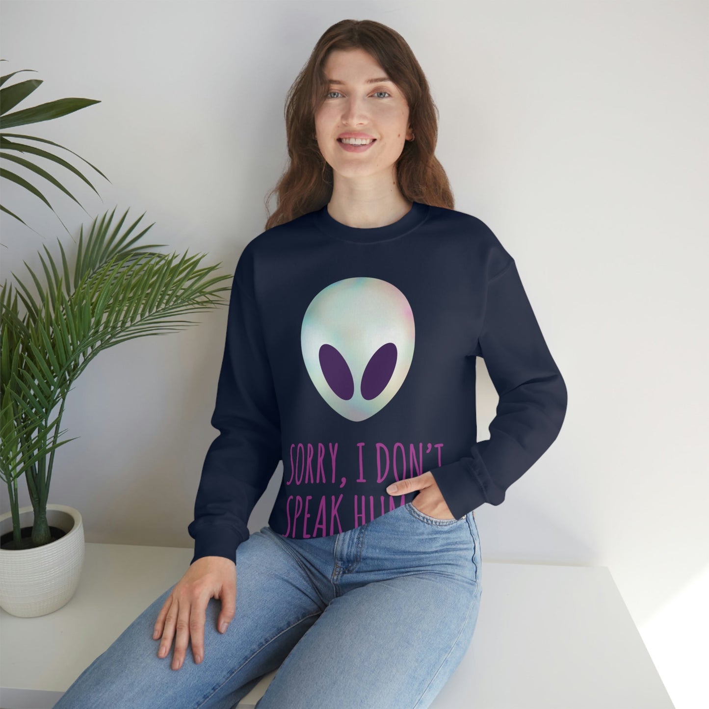 Sorry I Don` Speak Human Funny Aliens UFO Unisex Heavy Blend™ Crewneck Sweatshirt Ichaku [Perfect Gifts Selection]